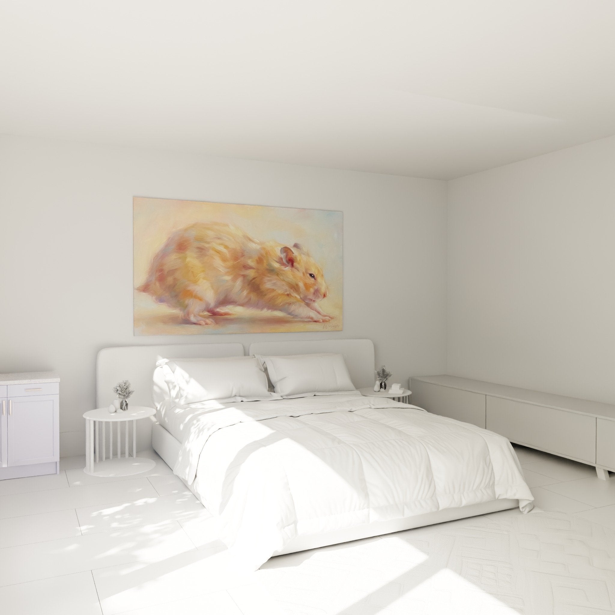 Goldenes Hamster-Wandbild in einem gemütlichen Schlafzimmer mit neutralen Tönen und natürlicher Holzmöblierung