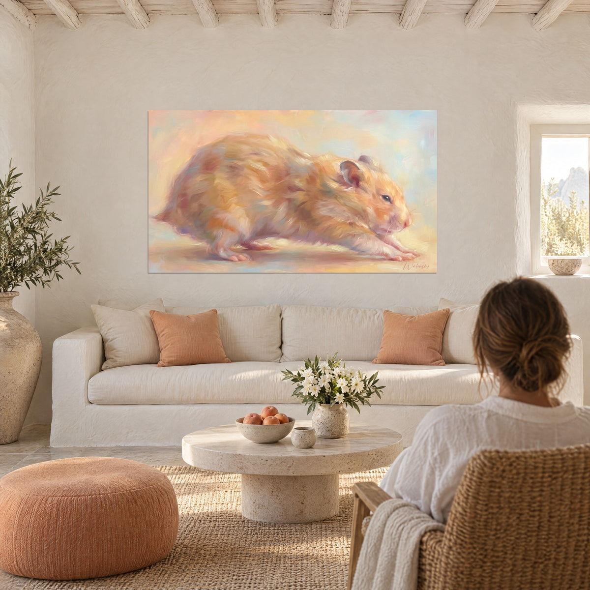Gemälde Goldhamster mit Fell in Aprikose und Cremeweiß, in Pinselstrichen skizziert, über einem Sofa in einem hellen Wohnzimmer