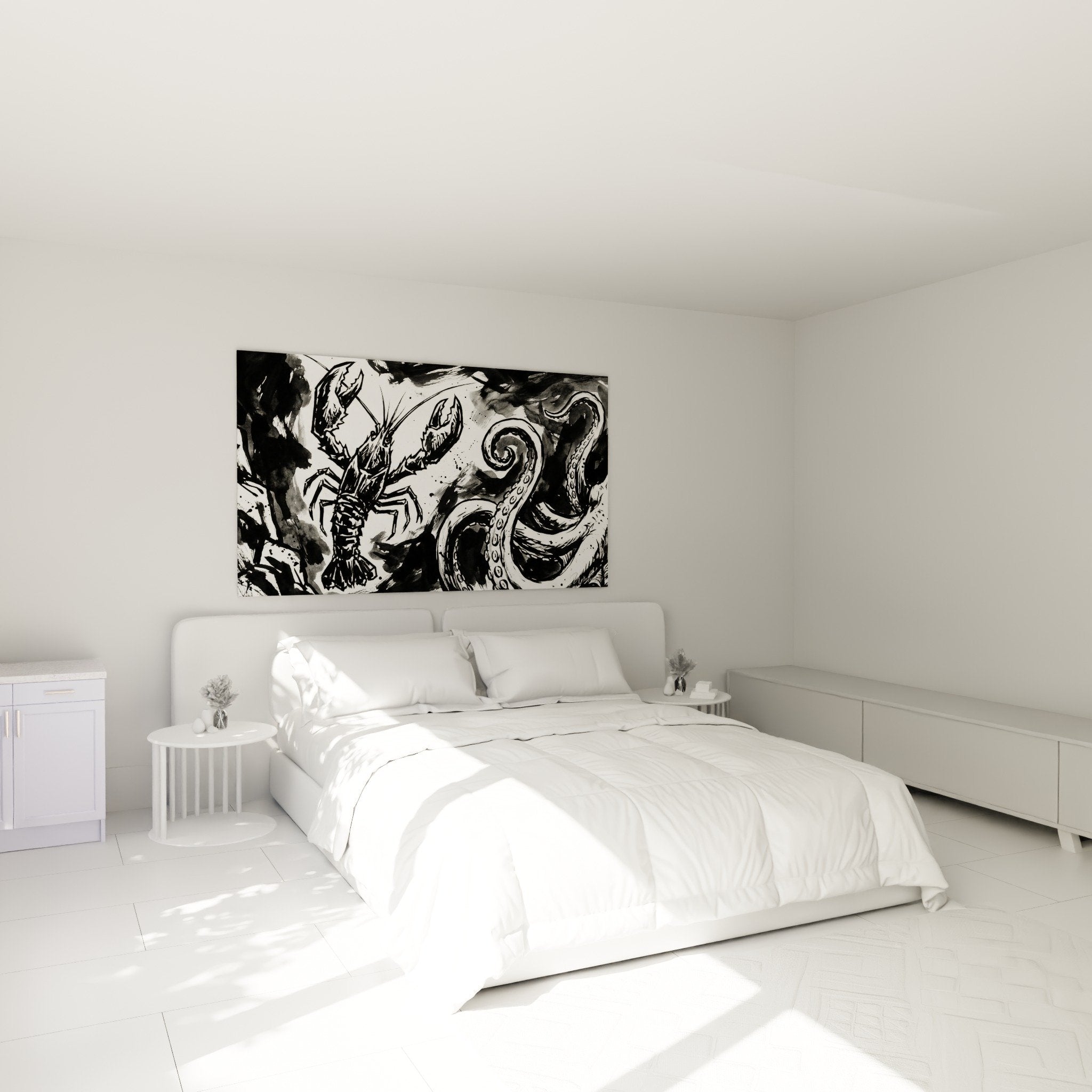 Schlafzimmer-Dekoration künstlerisches Hummer-Gemälde schwarzweiß Tentakel moderne Wandgestaltung gedimmte Beleuchtung