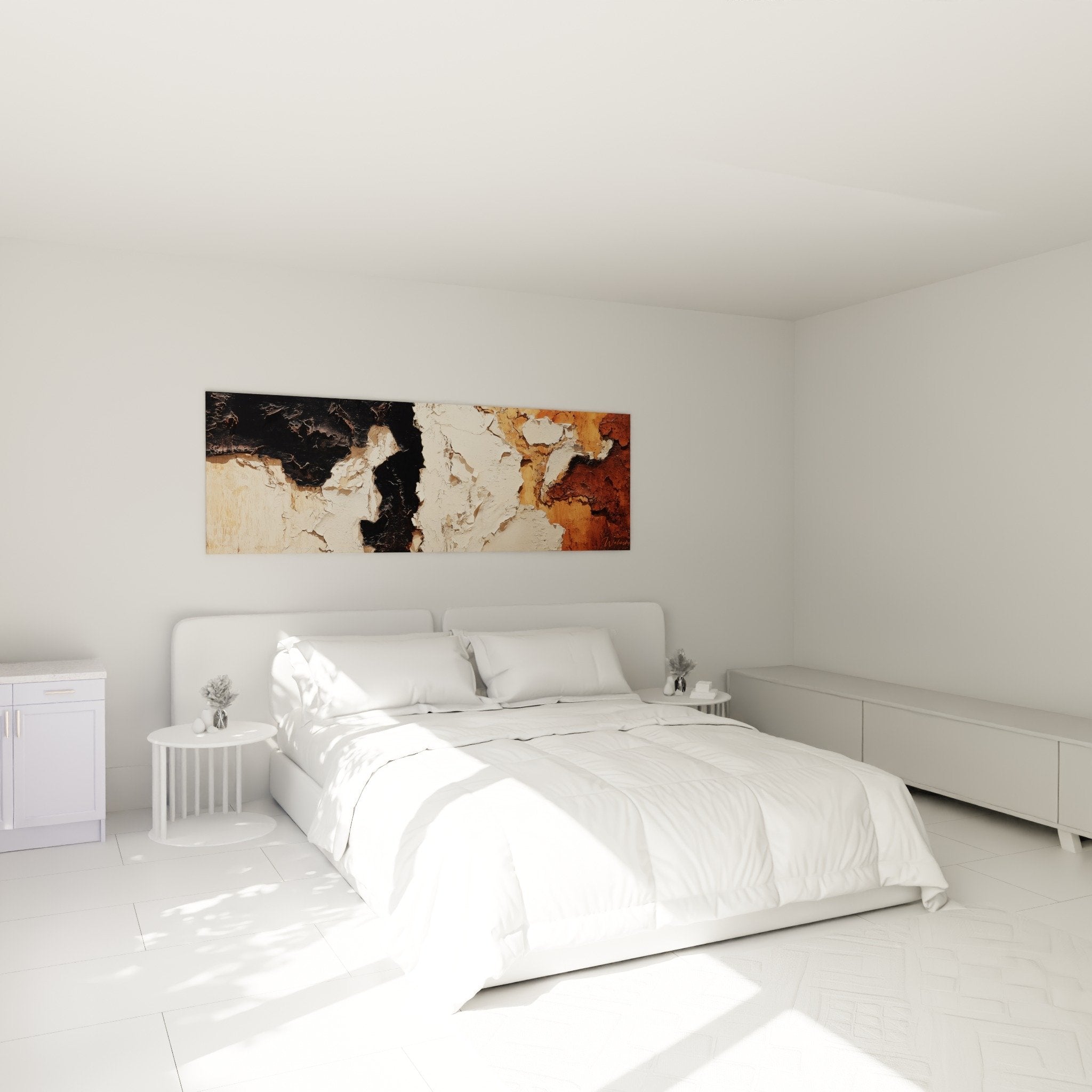 Decoration chambre tableau horizontal peinture écaillée beige rouille tete de lit feng shui terre