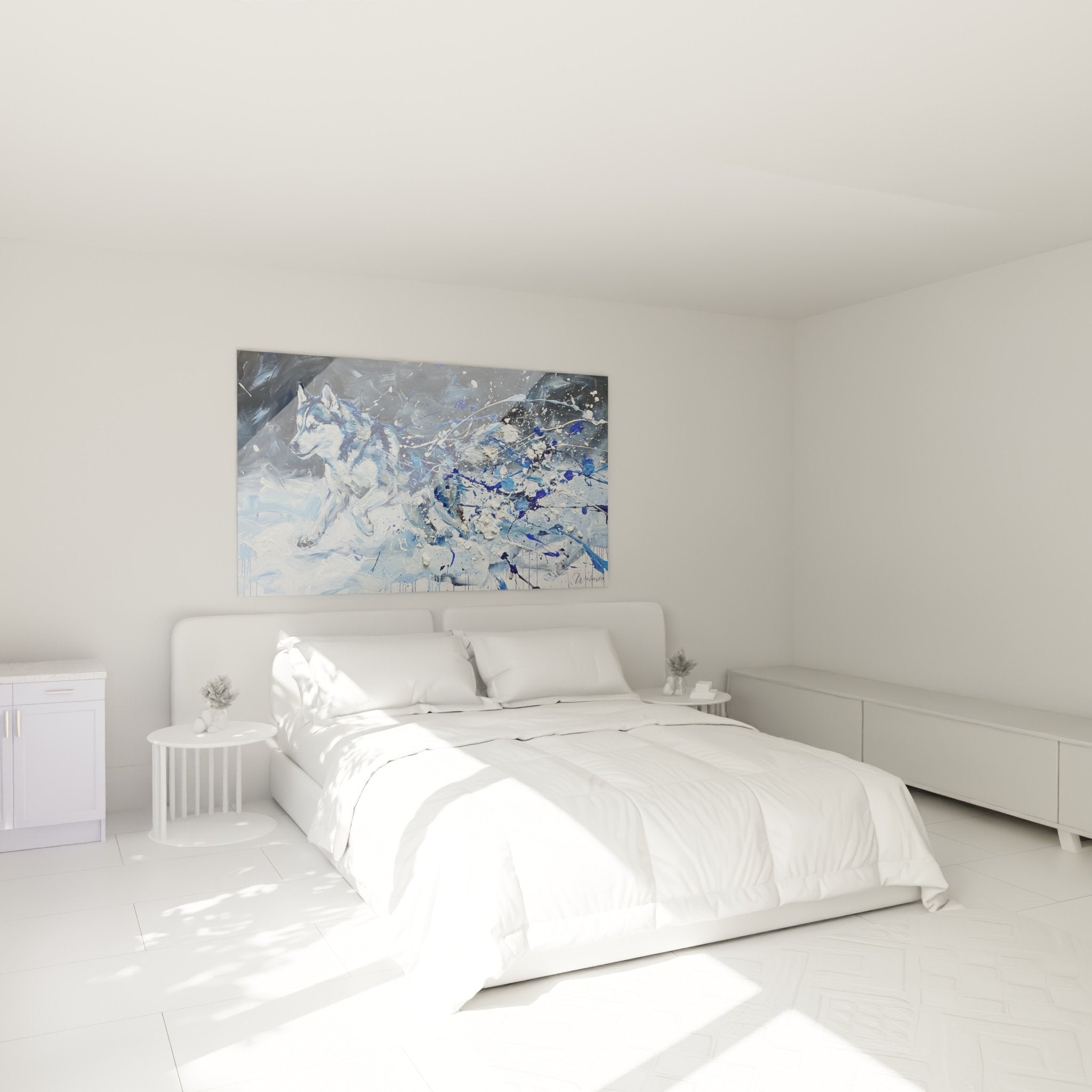 Déco chambre moderne avec tableau husky bleu artistique au-dessus du lit