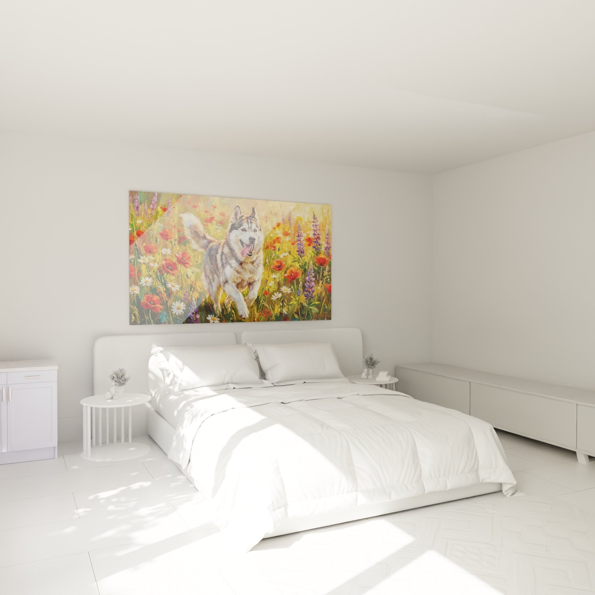 Tableau husky sibérien prairie fleurie décorant chambre moderne, ambiance nature et liberté pour intérieur chaleureux