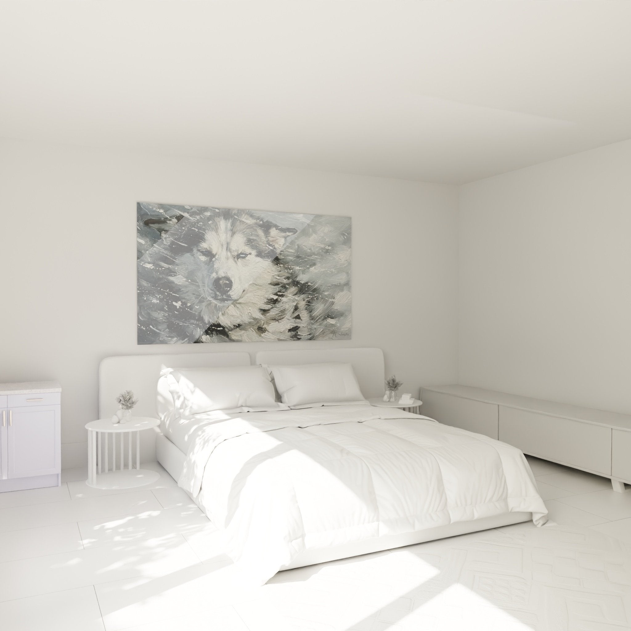 Tableau husky tempête hivernale décorant chambre moderne ambiance nordique apaisante