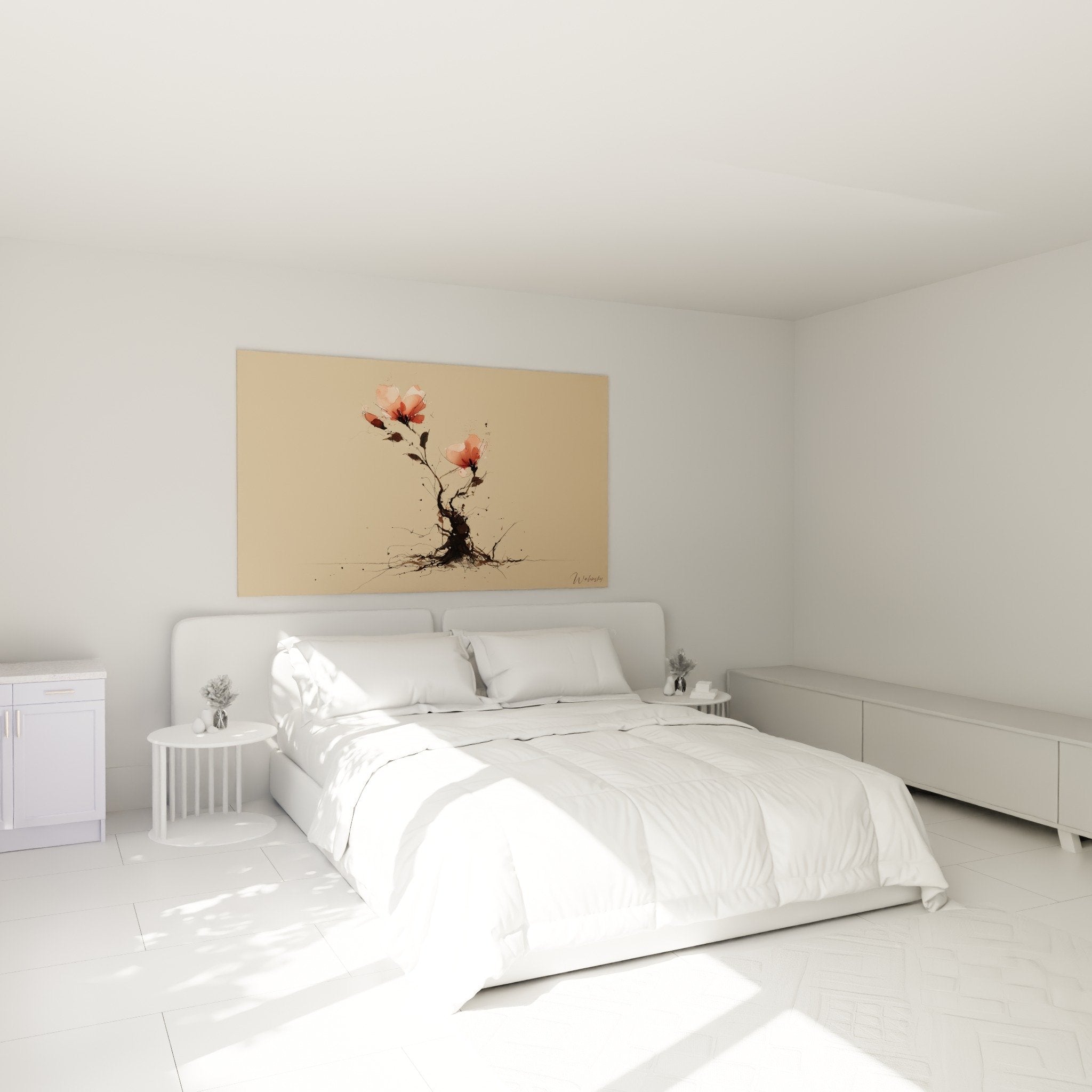 Wanddekoration Schlafzimmer Bild Ikebana Blüten rose Koralle japanischer Zen-Stil beruhigende Atmosphäre