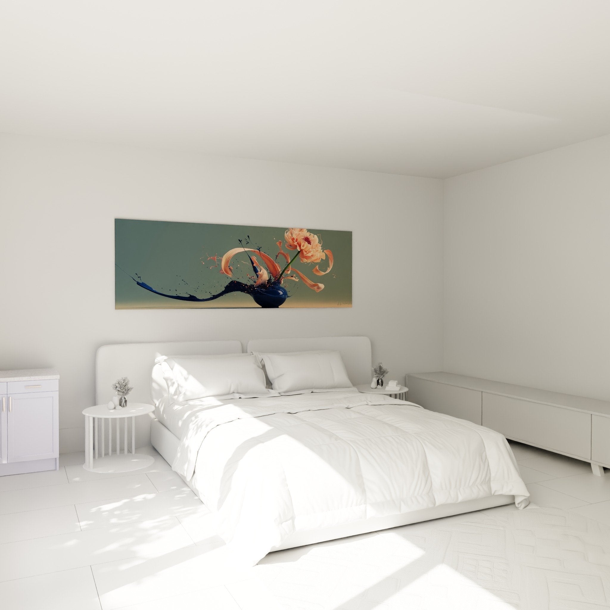 Tableau ikebana moderne avec fleurs corail au-dessus du lit dans chambre contemporaine épurée