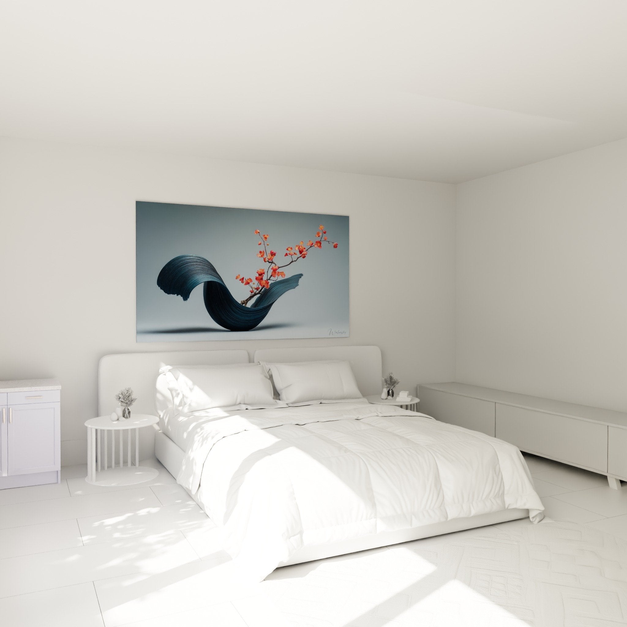Bedroom wall art ikebana vase black flowers red zen serene modern minimalist ambiance