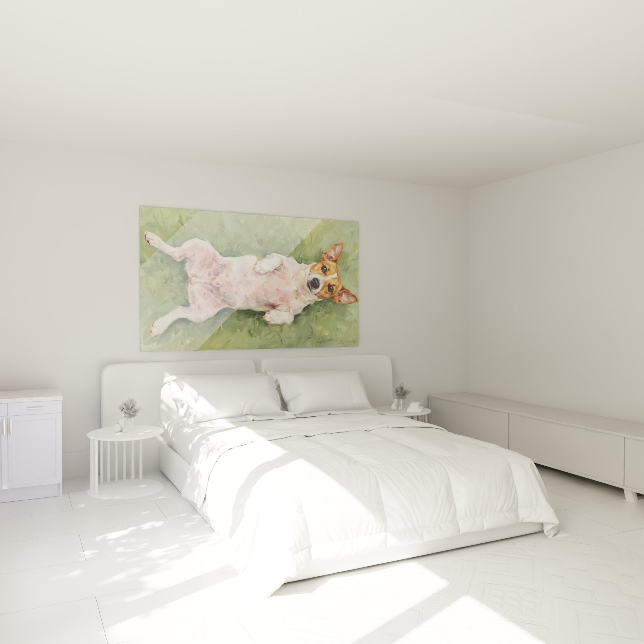 Jack Russell Terrier Wandbild im modernen Schlafzimmer, Hund Wanddekoration, gemütliche Atmosphäre