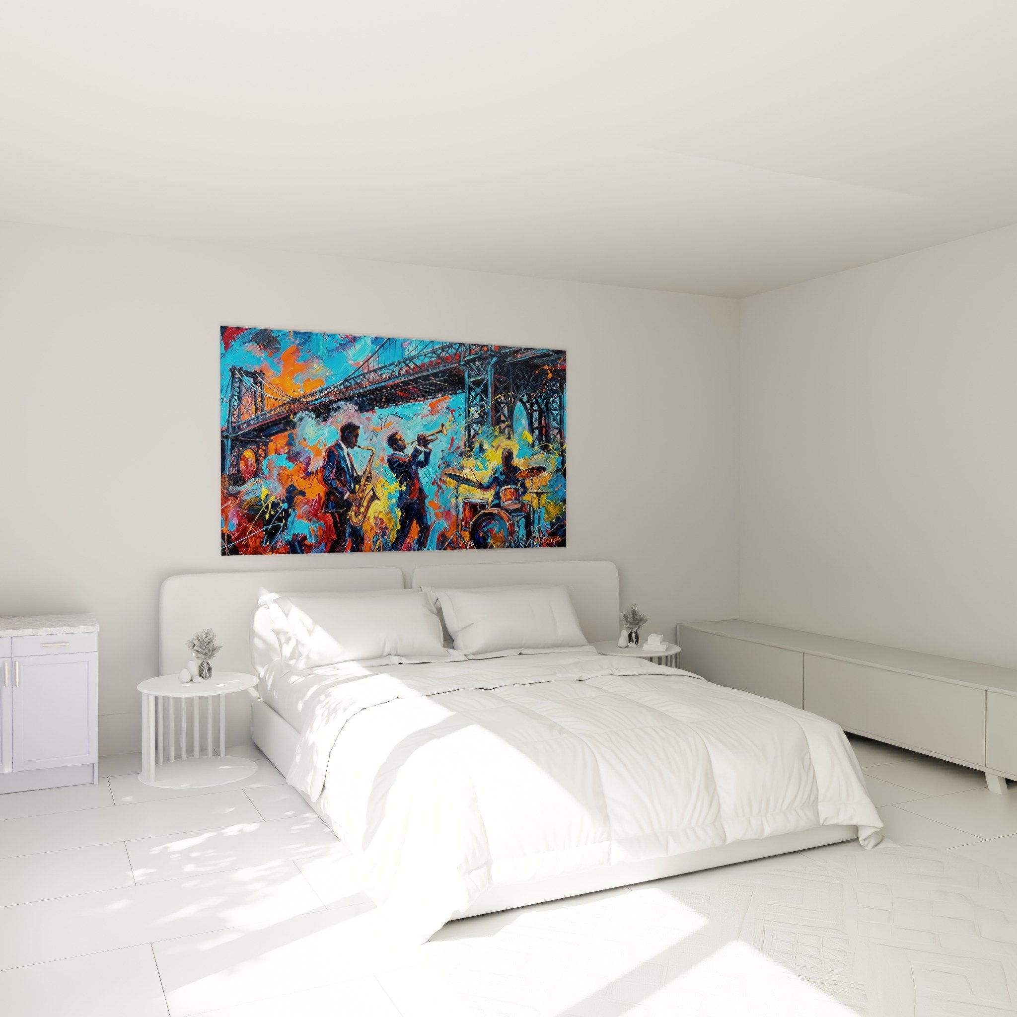 Décoration chambre tableau jazz expressionniste couleurs vibrantes ambiance artistique Brooklyn