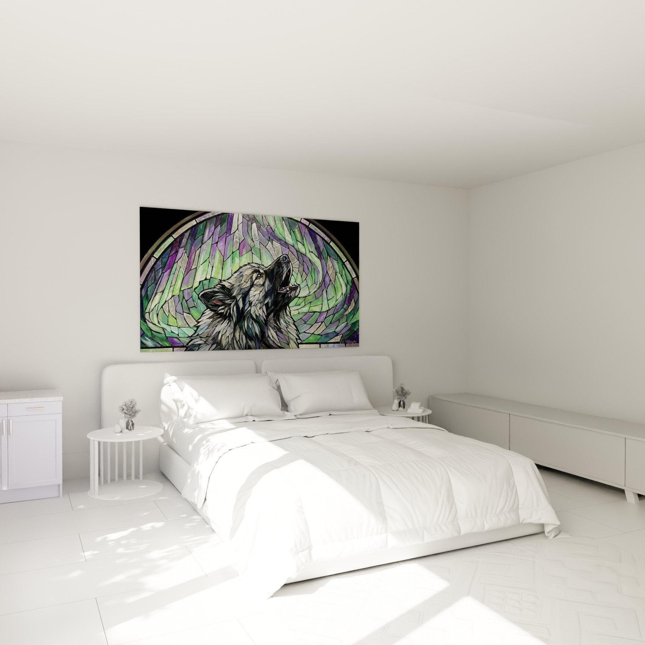 Decoration chambre avec tableau Keeshond aux couleurs aurore boreale, ambiance zen et apaisante, art mural violet vert