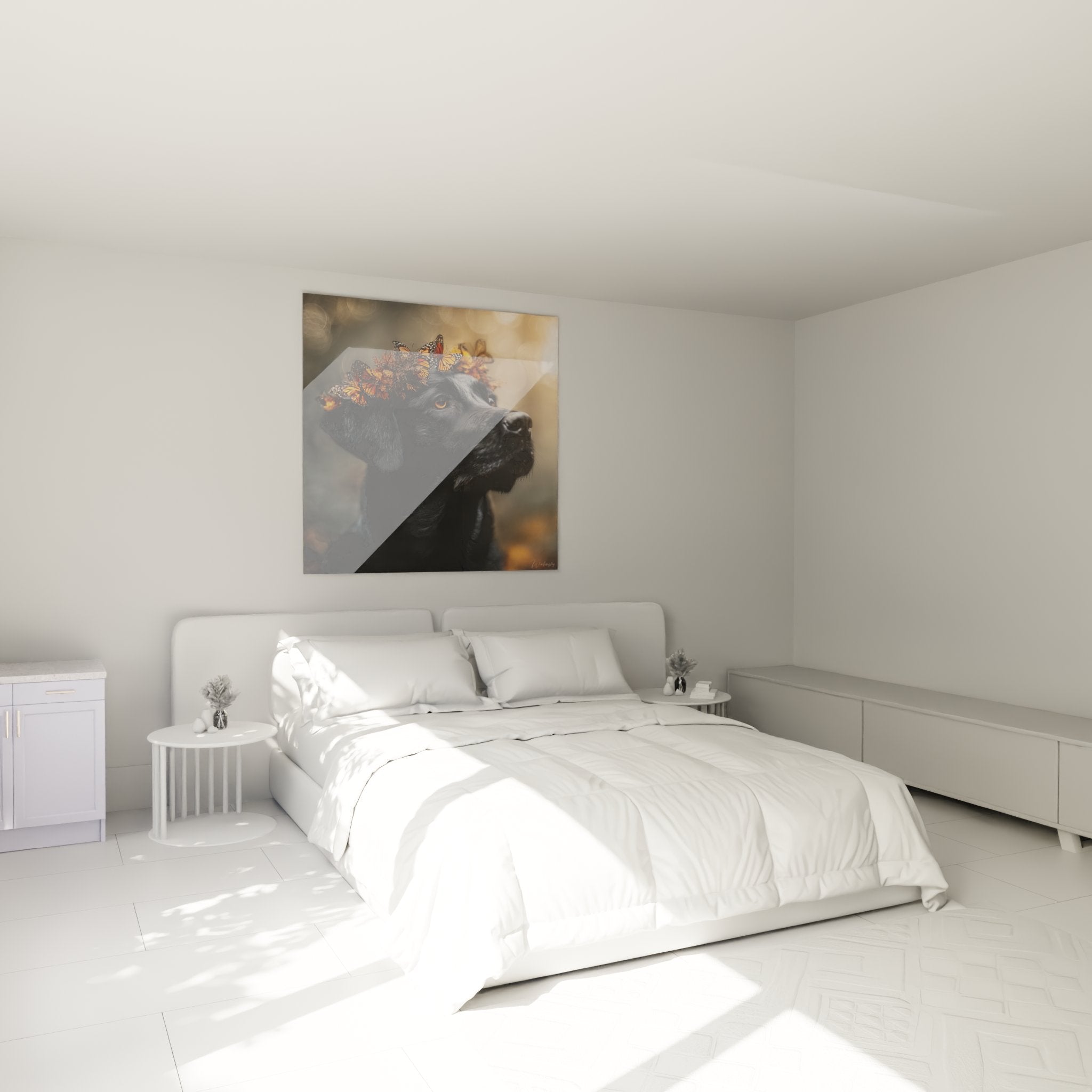 Schlafzimmer Deko Gemälde Labrador Schmetterlinge orange warme Atmosphäre Wandkunst Hundeportrait schwarzer realistischer Hund