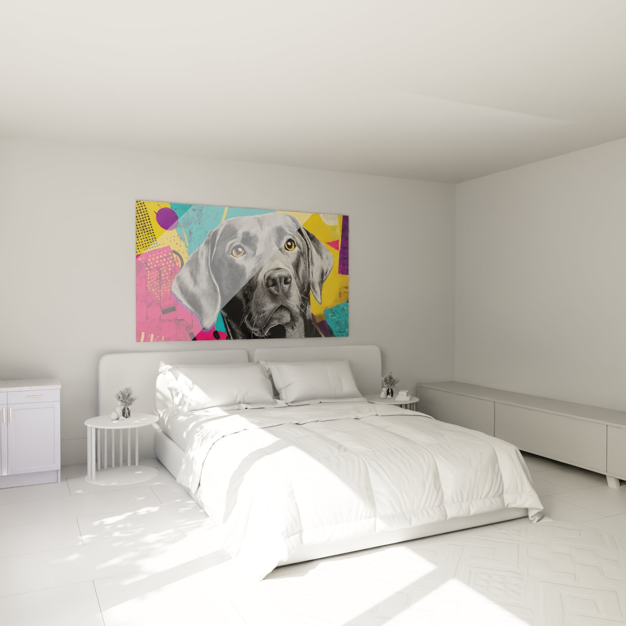 Wanddekoration Schlafzimmer Bild schwarzer Labrador Pop-Art-Stil urban farbiger geometrischer Hintergrund moderne Atmosphäre