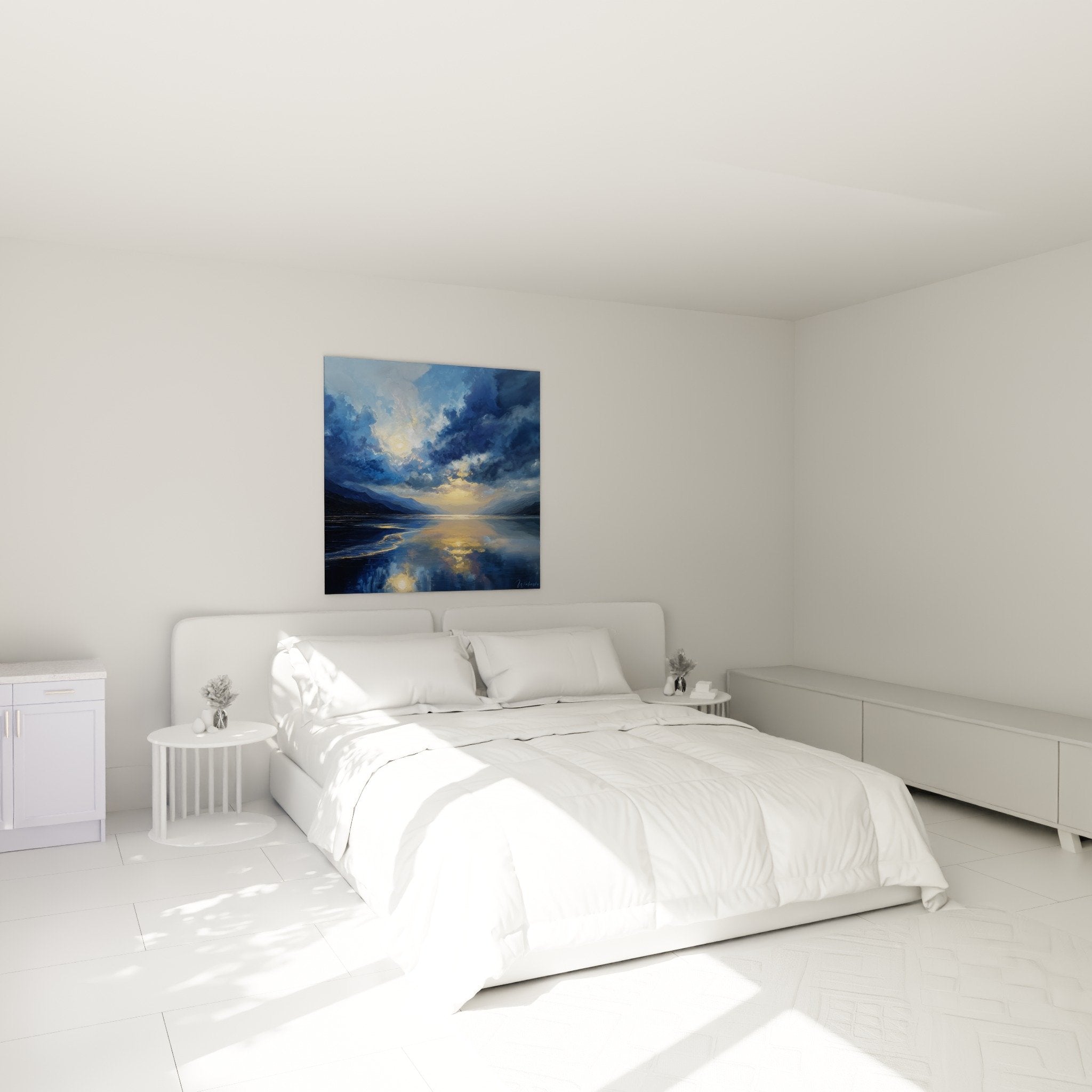 Tableau lac nuages dorés chambre decoration murale feng shui nord eau bleu