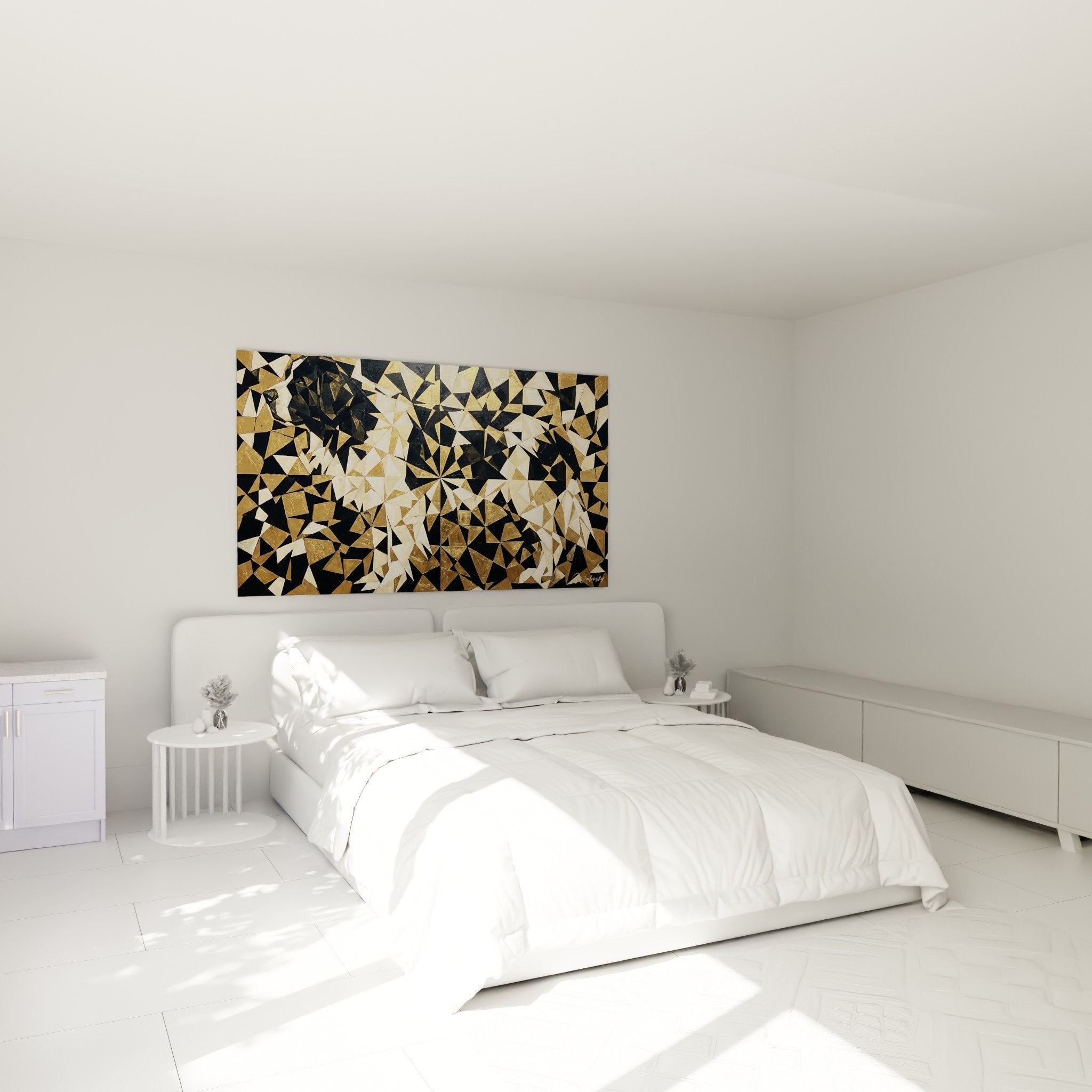 Décoration chambre avec tableau chien Landseer style mosaïque dorée, art mural moderne