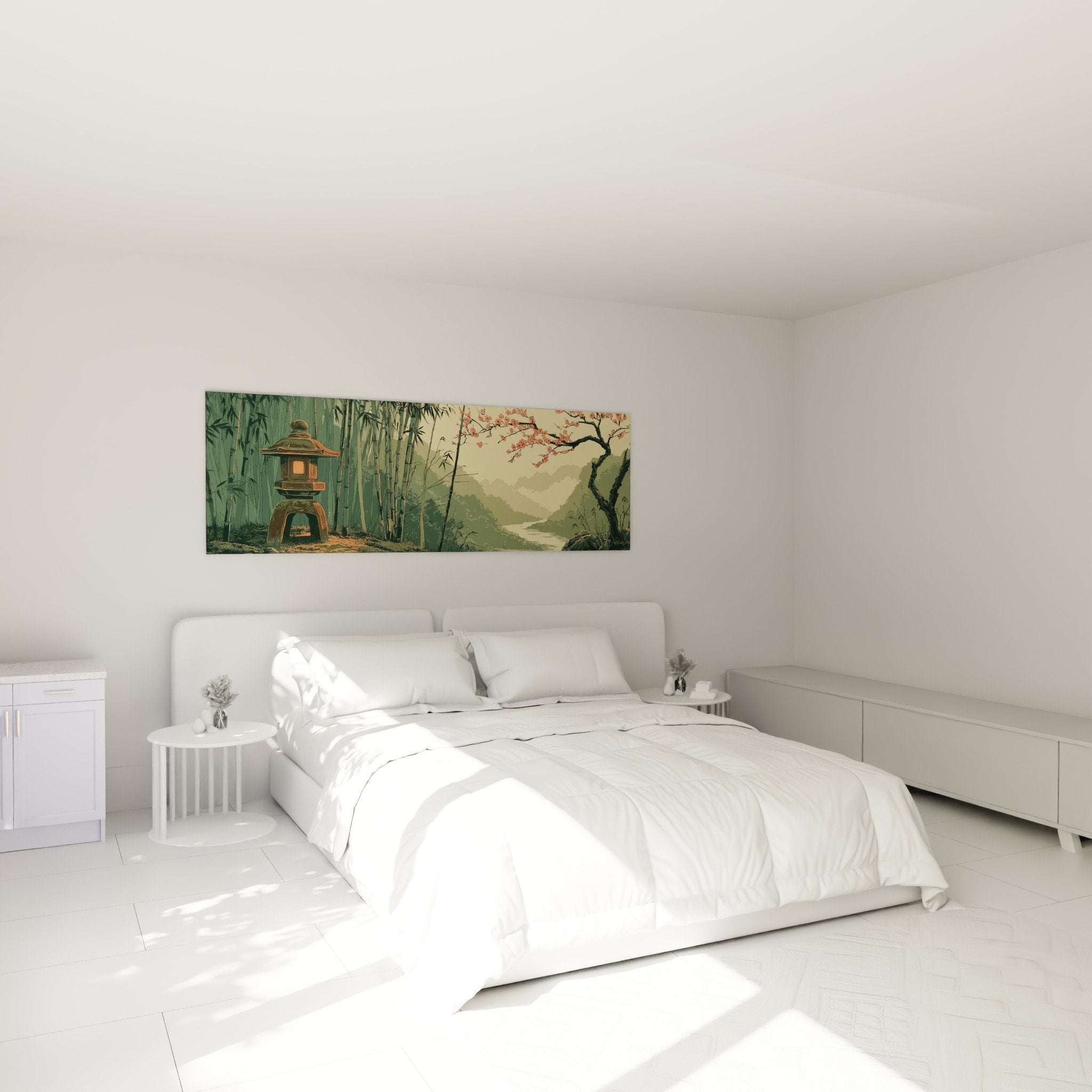 Decoration murale chambre tableau lanterne japonaise paysage zen bambous cerisier ambiance apaisante