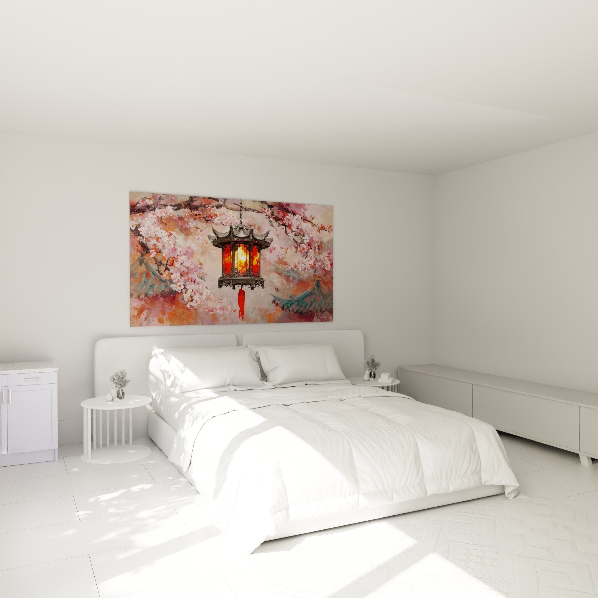 Tableau lanterne orientale et fleurs de cerisier roses accroché au-dessus d'un lit dans chambre moderne zen