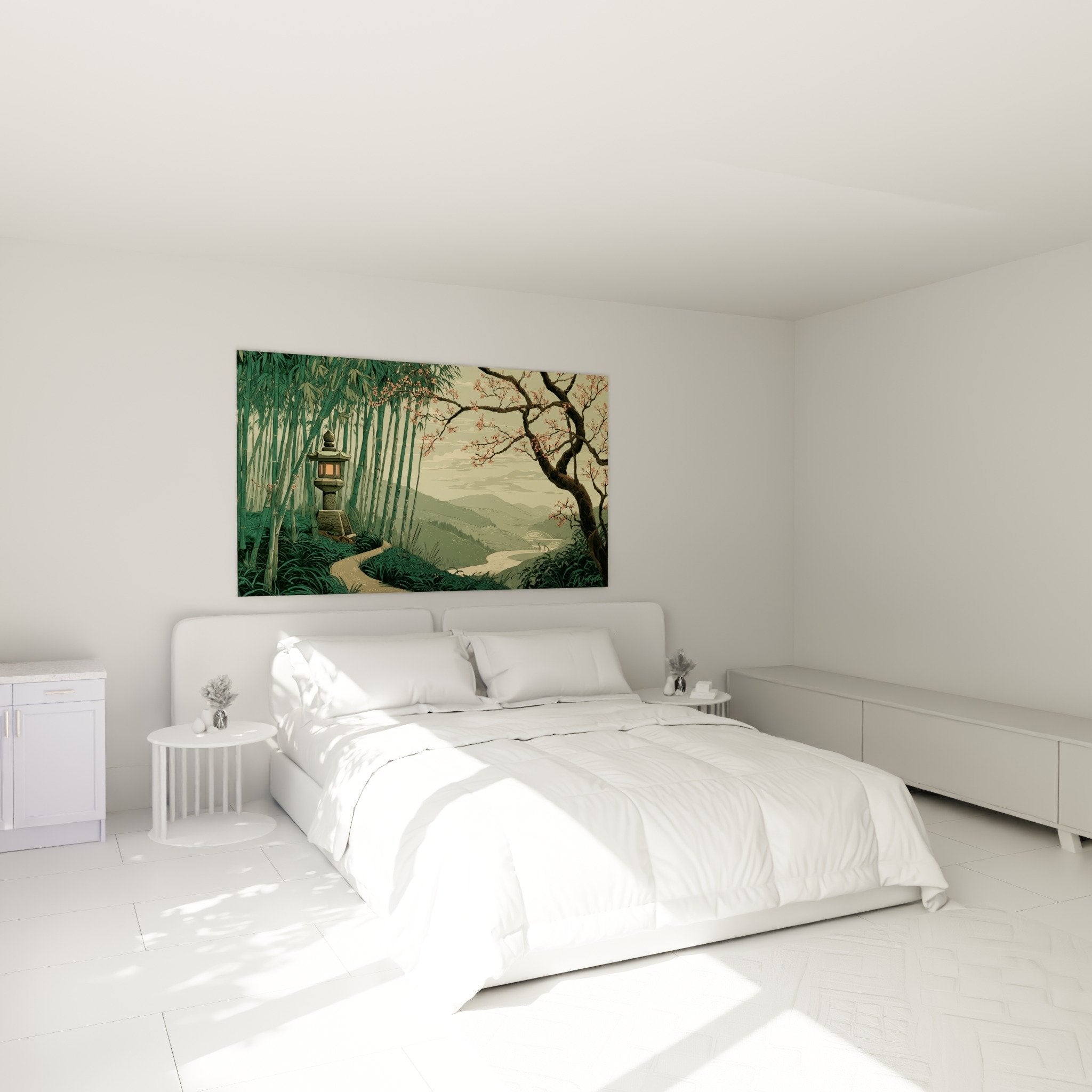 Tableau jardin zen avec lanterne traditionnelle dans chambre moderne, ambiance apaisante orientale