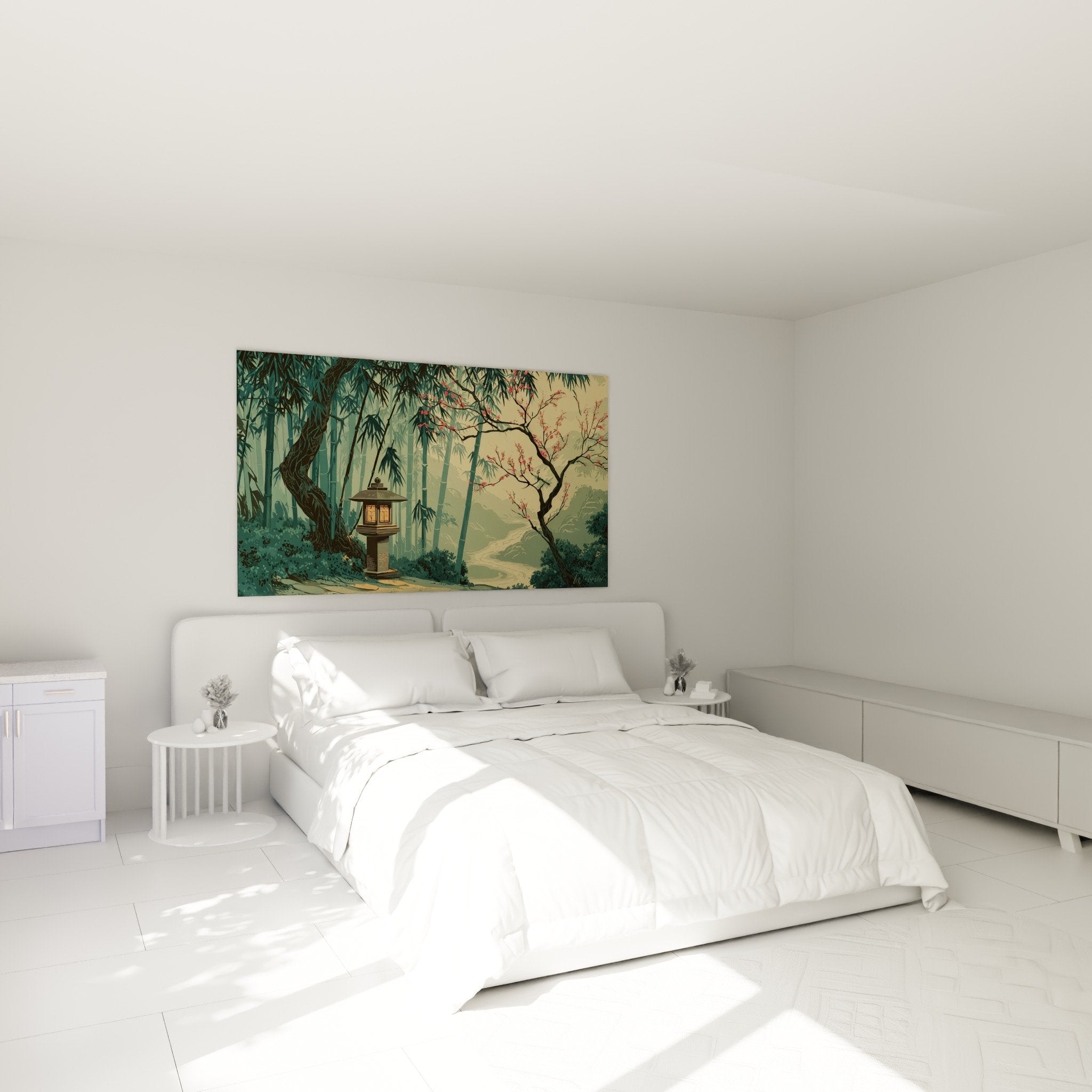 Tableau lanterne jardin zen decore chambre ambiance apaisante orientale bambous fleurs cerisier