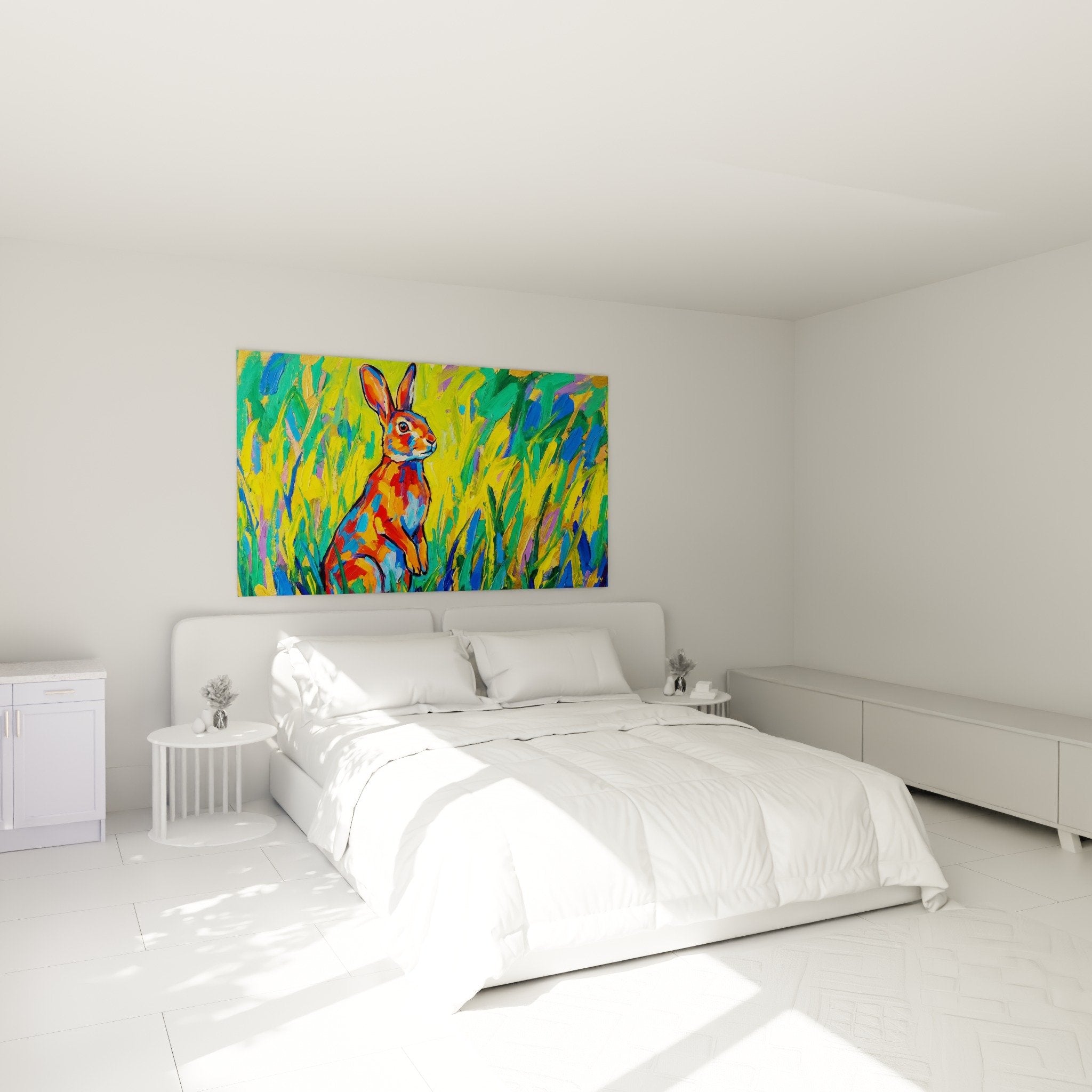 Buntes Kaninchen-Gemälde im modernen Schlafzimmer weiße Wand Wanddekoration zeitgenössische Kunst