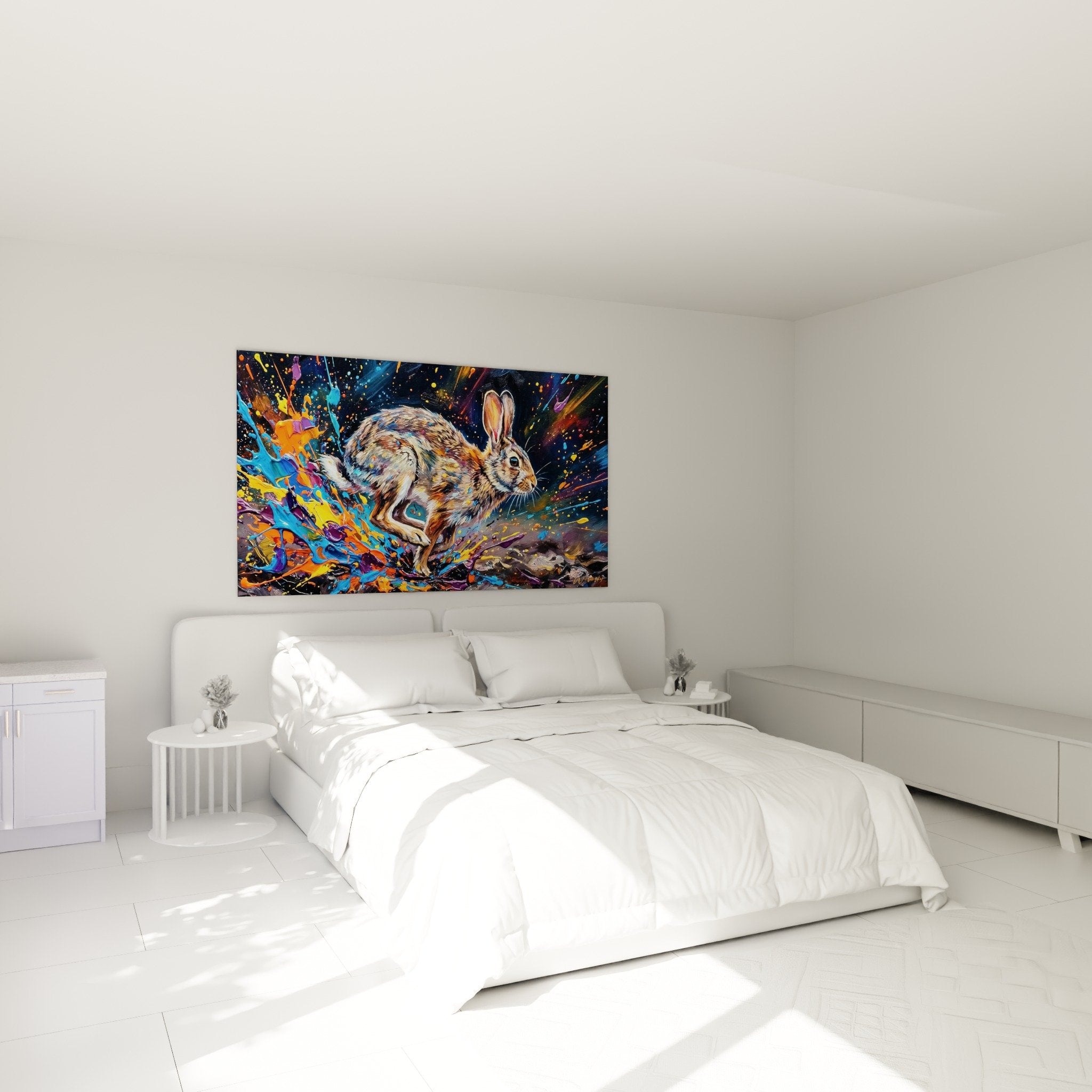 bedroom wall art rabbit artistic painting colorful explosion contemporary ambiance