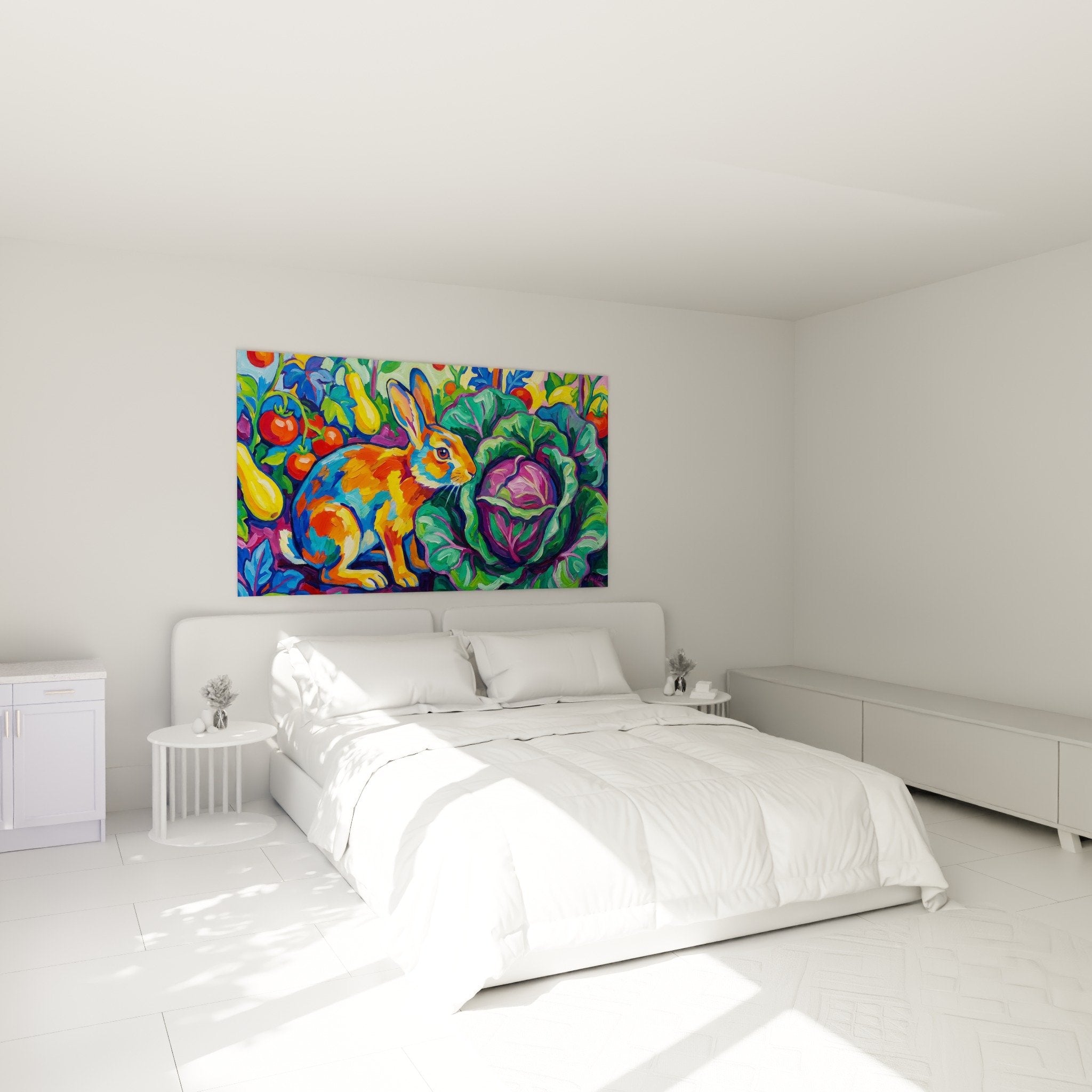 Multicolored rabbit vegetable garden wall art decorating white bedroom wall with colorful cheerful nature ambiance