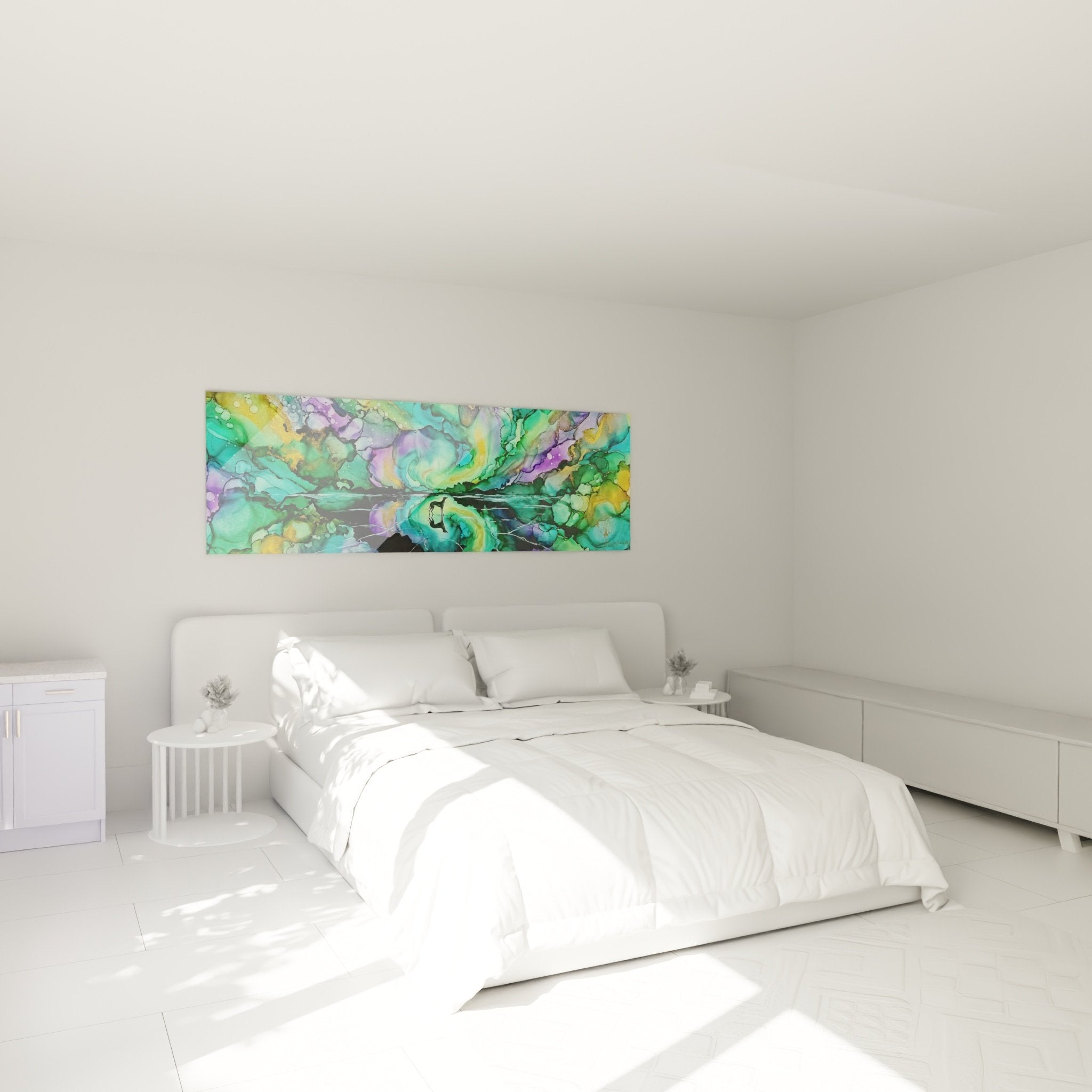 Décoration chambre avec tableau lévrier abstrait aux couleurs turquoise et violettes au-dessus du lit contemporain