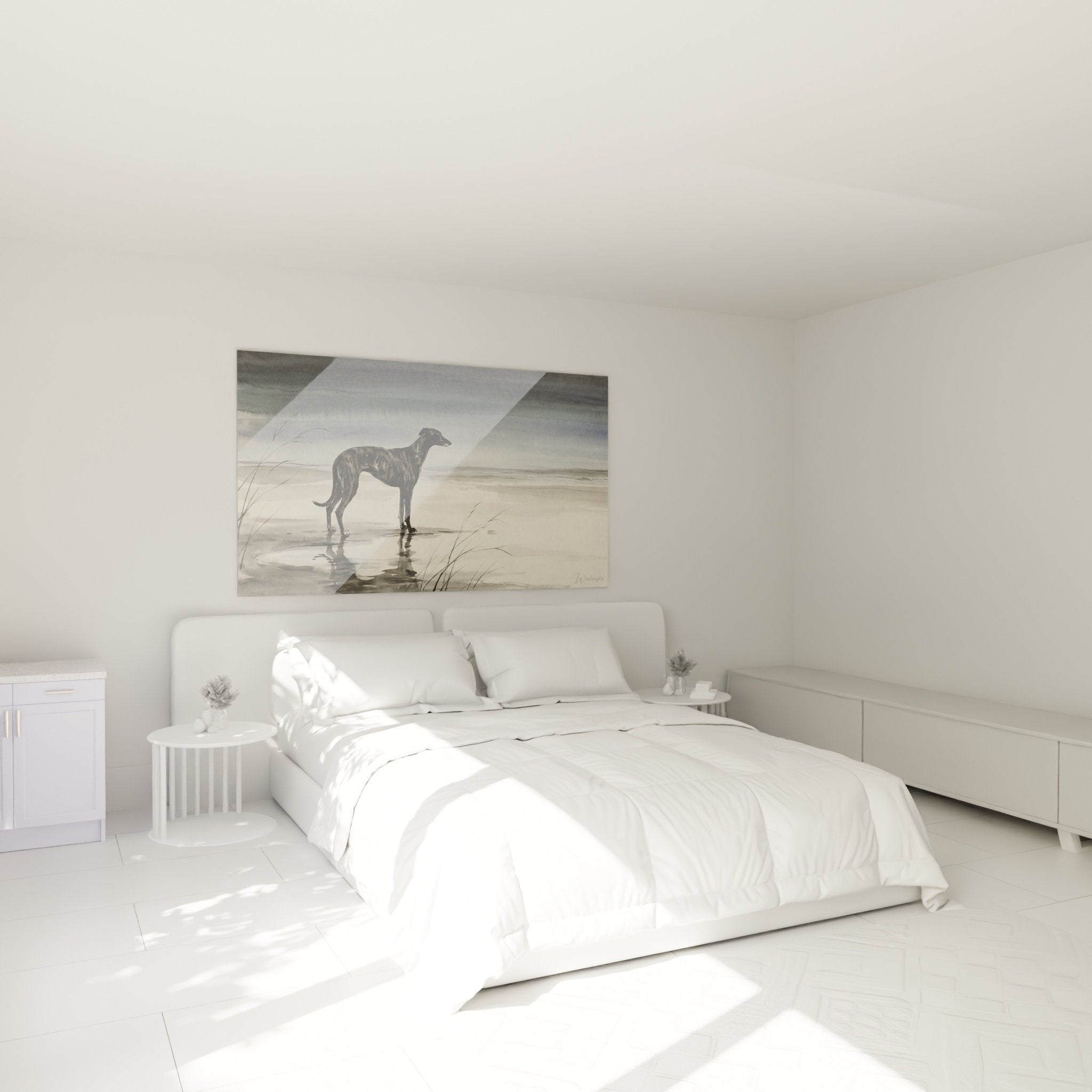 Décoration chambre avec tableau lévrier sur plage - ambiance zen et apaisante tons gris