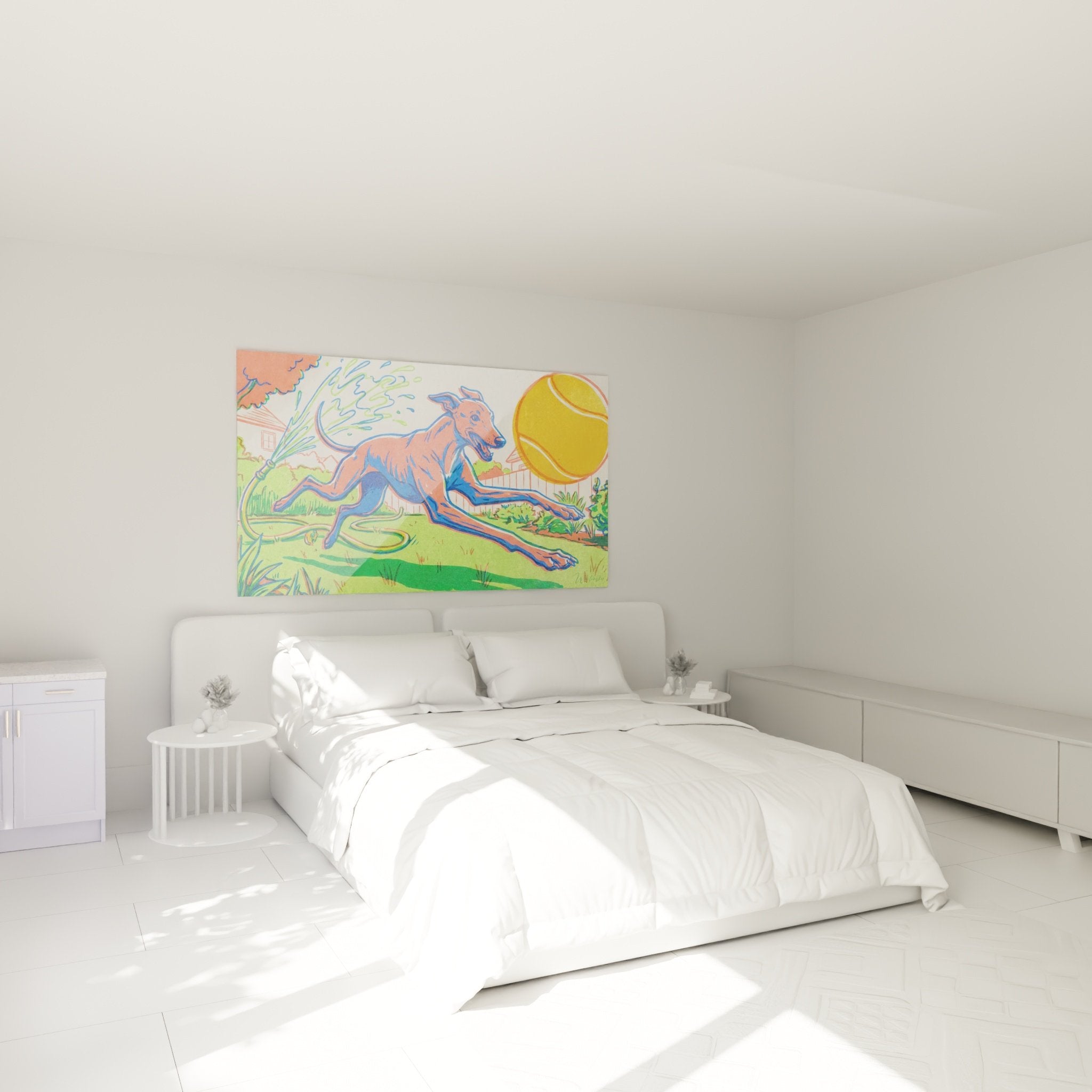 Wanddekoration Windhund im Lauf im modernen Schlafzimmer mit farbigem Hundekunstbild in Rot und Blau