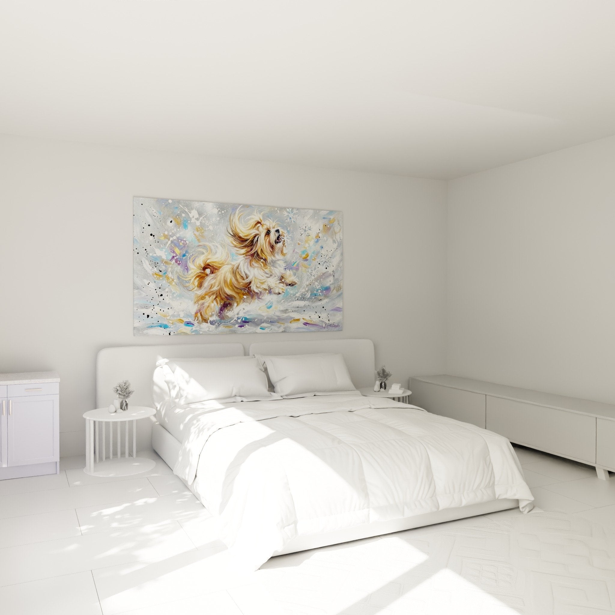 Tableau Lhassa Apso dynamique aux tons dorés dans une chambre moderne avec mur blanc