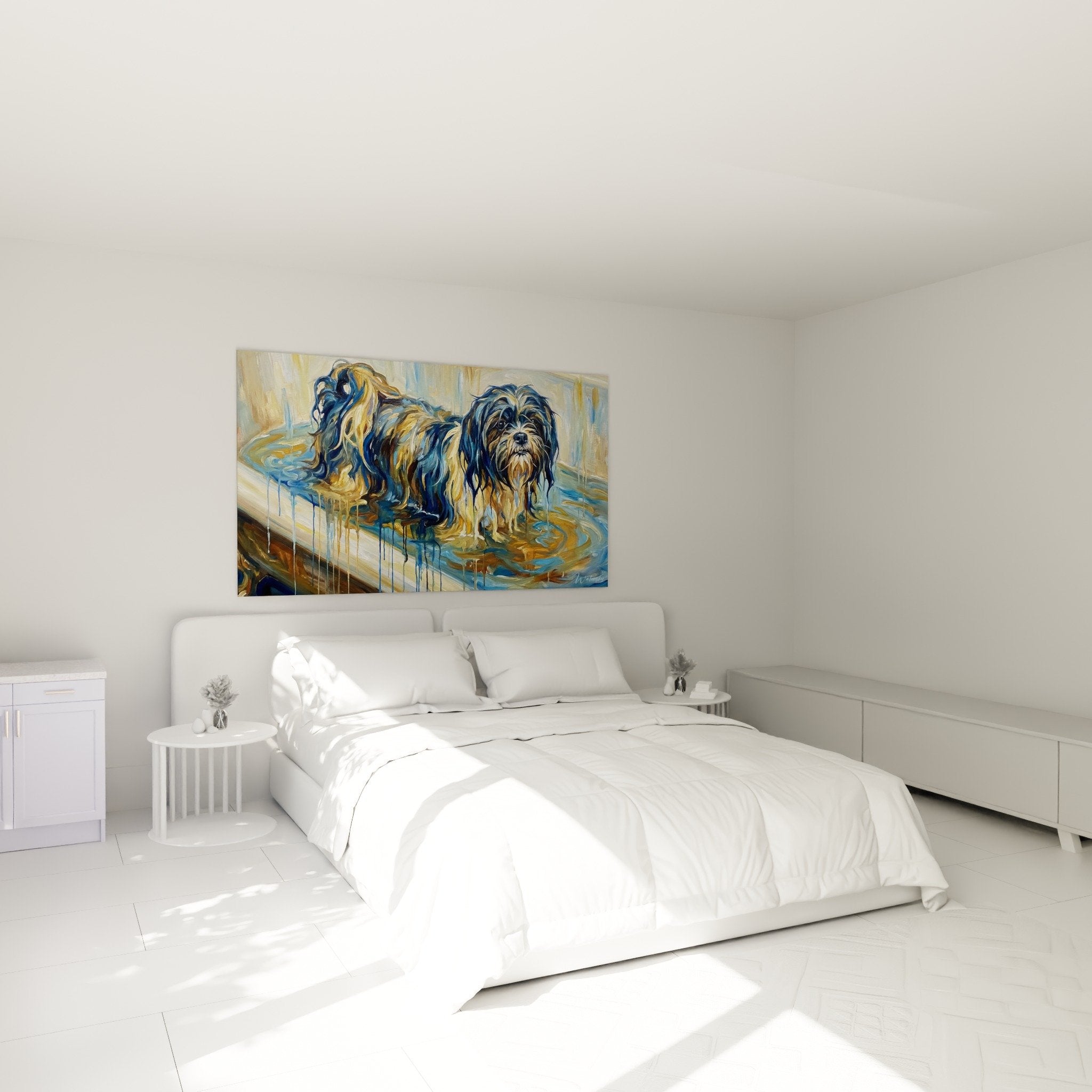 Tableau Lhassa Apso tons bleus dorés décorant chambre moderne avec mobilier contemporain blanc