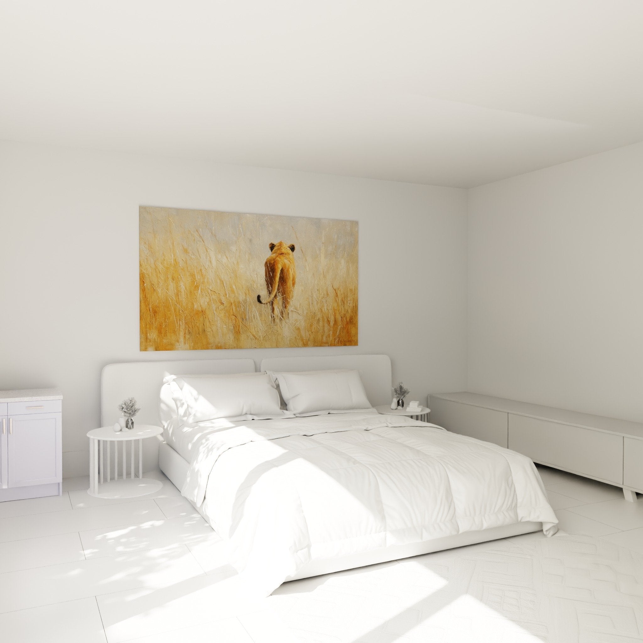Decoration chambre avec tableau lion dans herbes dorees ambiance chaleureuse naturelle
