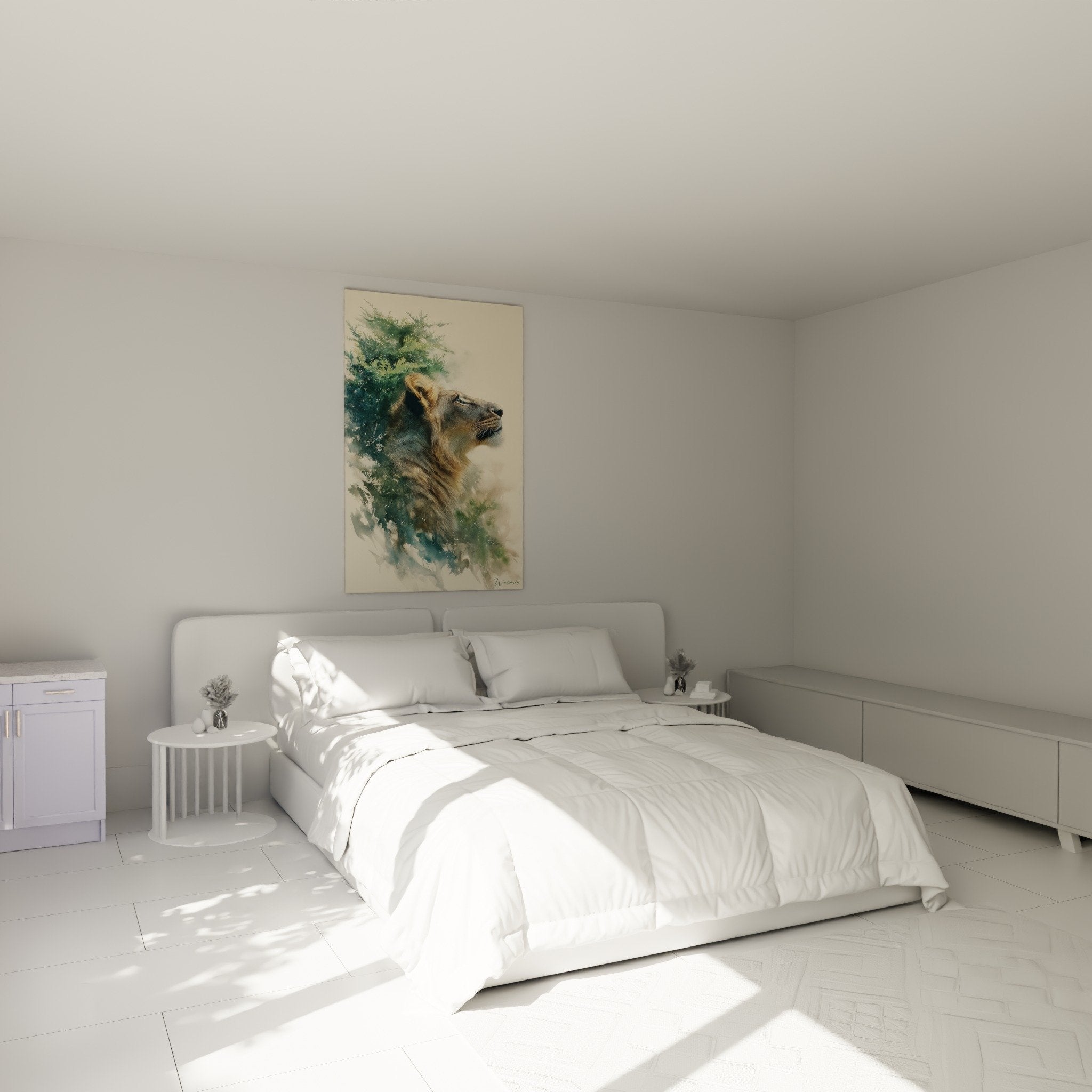 Schlafzimmer Dekoration Löwe Aquarell grün gold Wandbild ruhige elegante Atmosphäre beige Wand