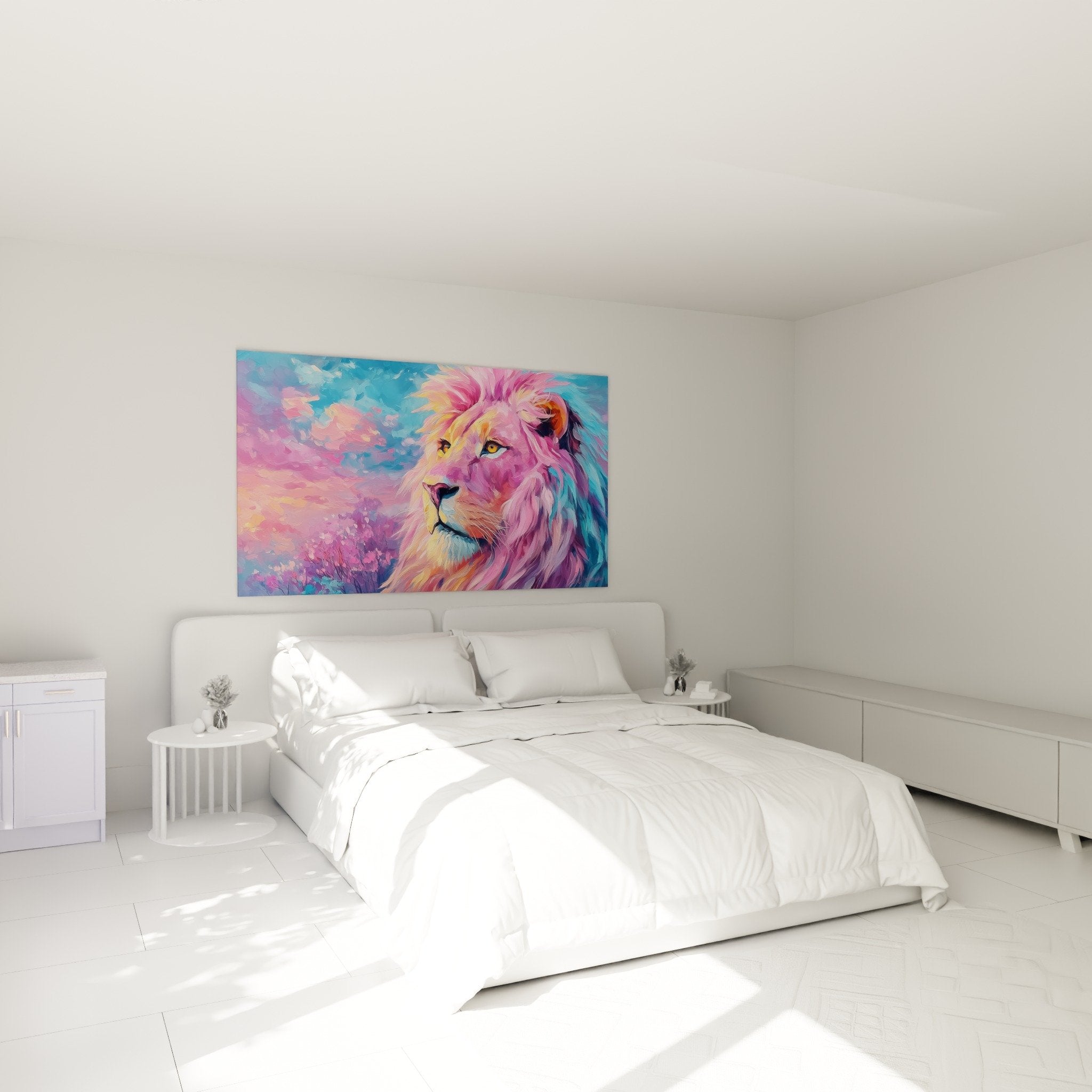 Quadro decorativo camera da letto leone colorato rosa blu appeso muro bianco arredamento moderno atmosfera rilassante