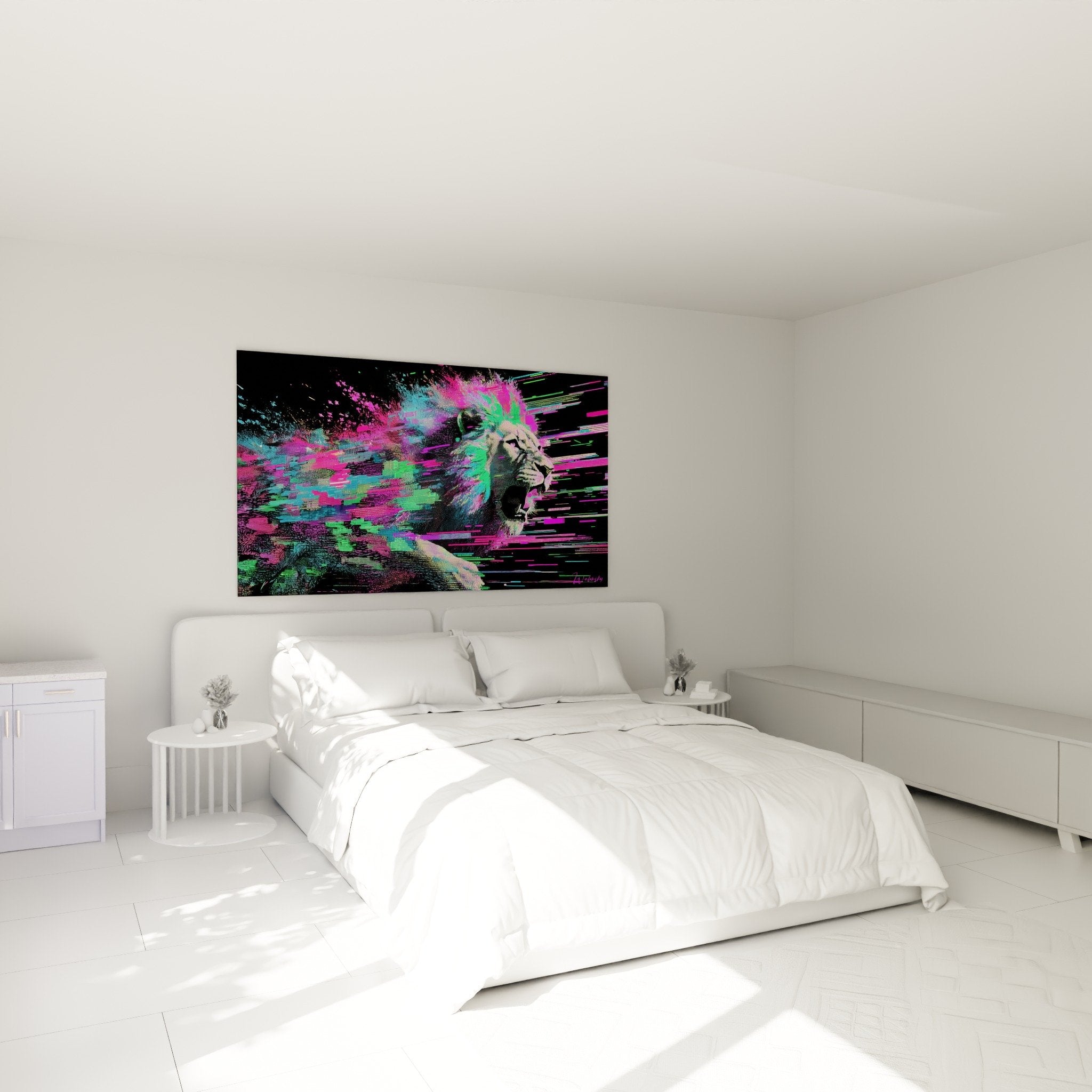 Decoration chambre moderne tableau lion digital multicolore mur sombre ambiance contemporaine
