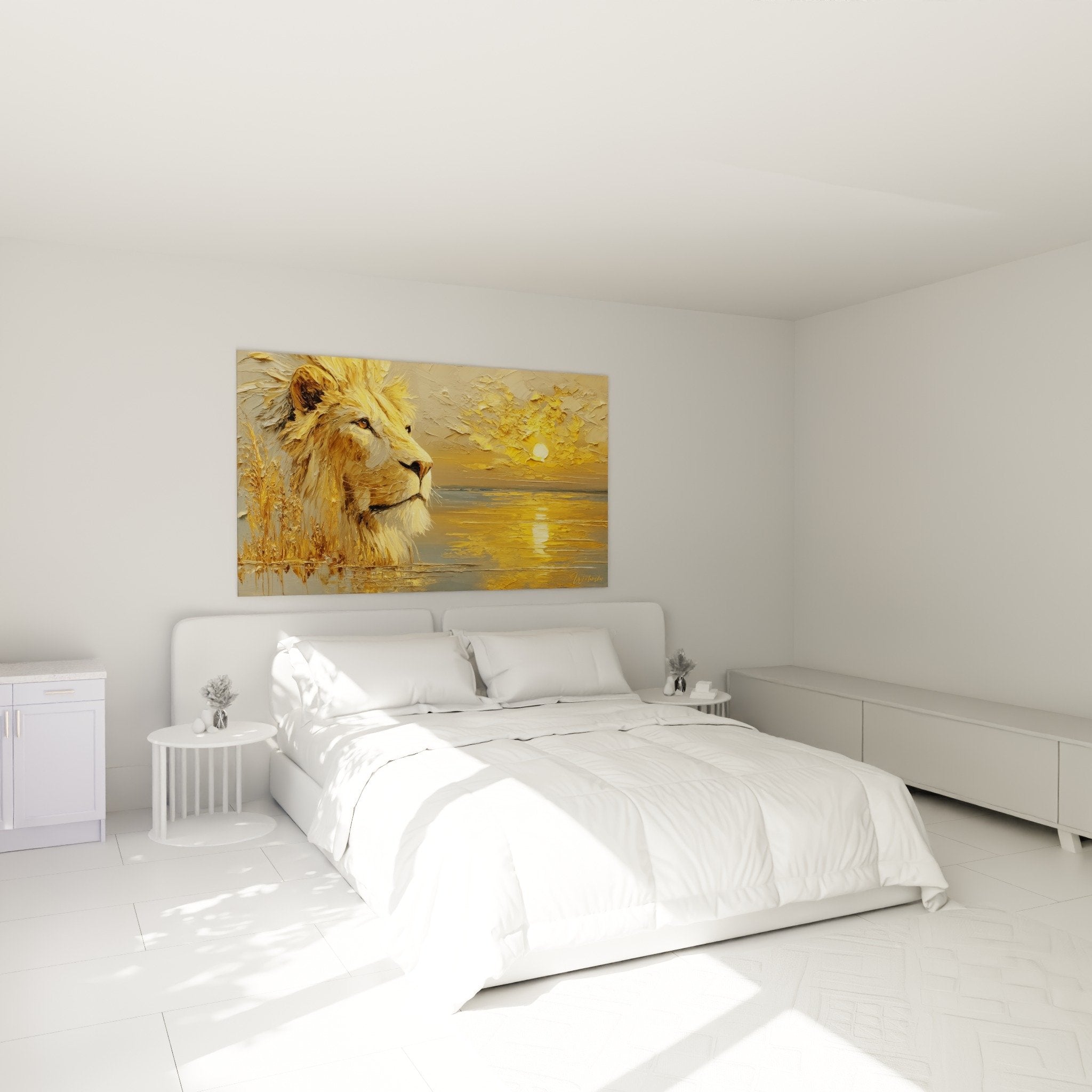 Décoration chambre tableau lion doré coucher soleil ambiance chaleureuse tons ocre beige