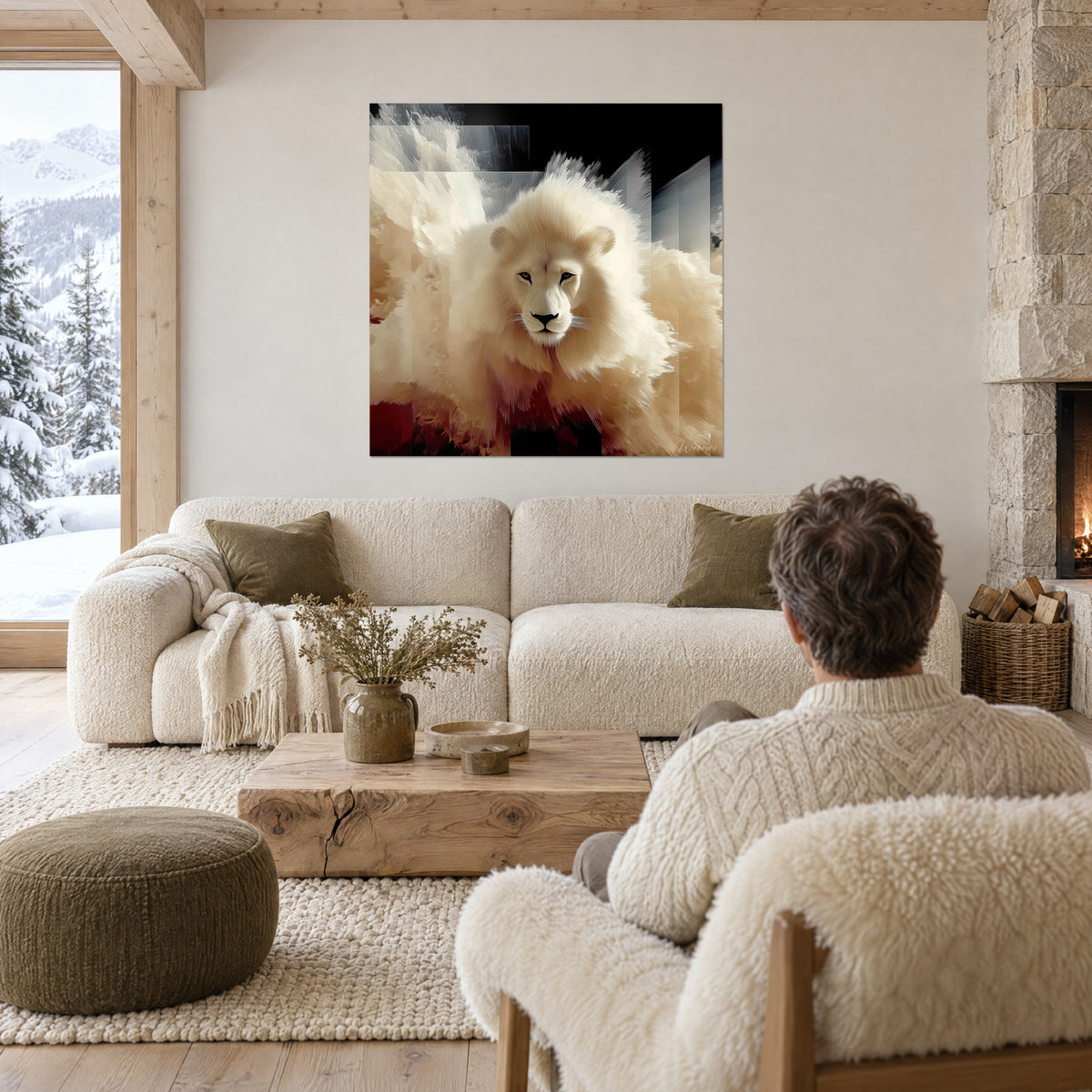 Wall art white lion with creamy mane on black and deep red background, a person seen from behind, above a sofa in a bright living room