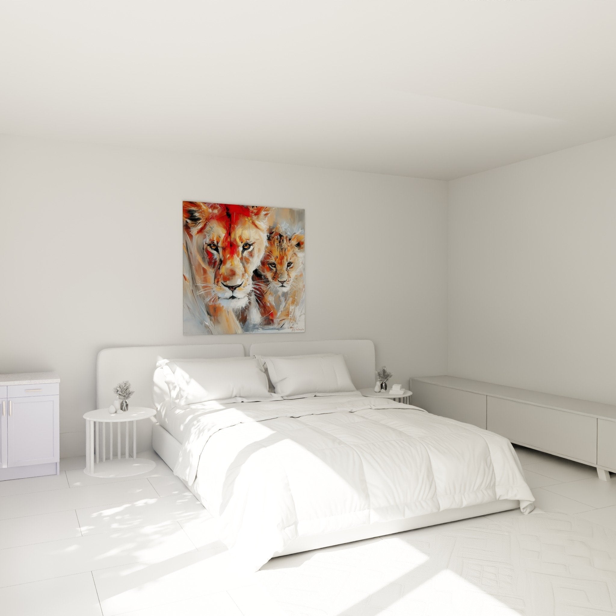 Tableau lion lionceau chambre decoration murale tons chauds ambiance cocooning parentale