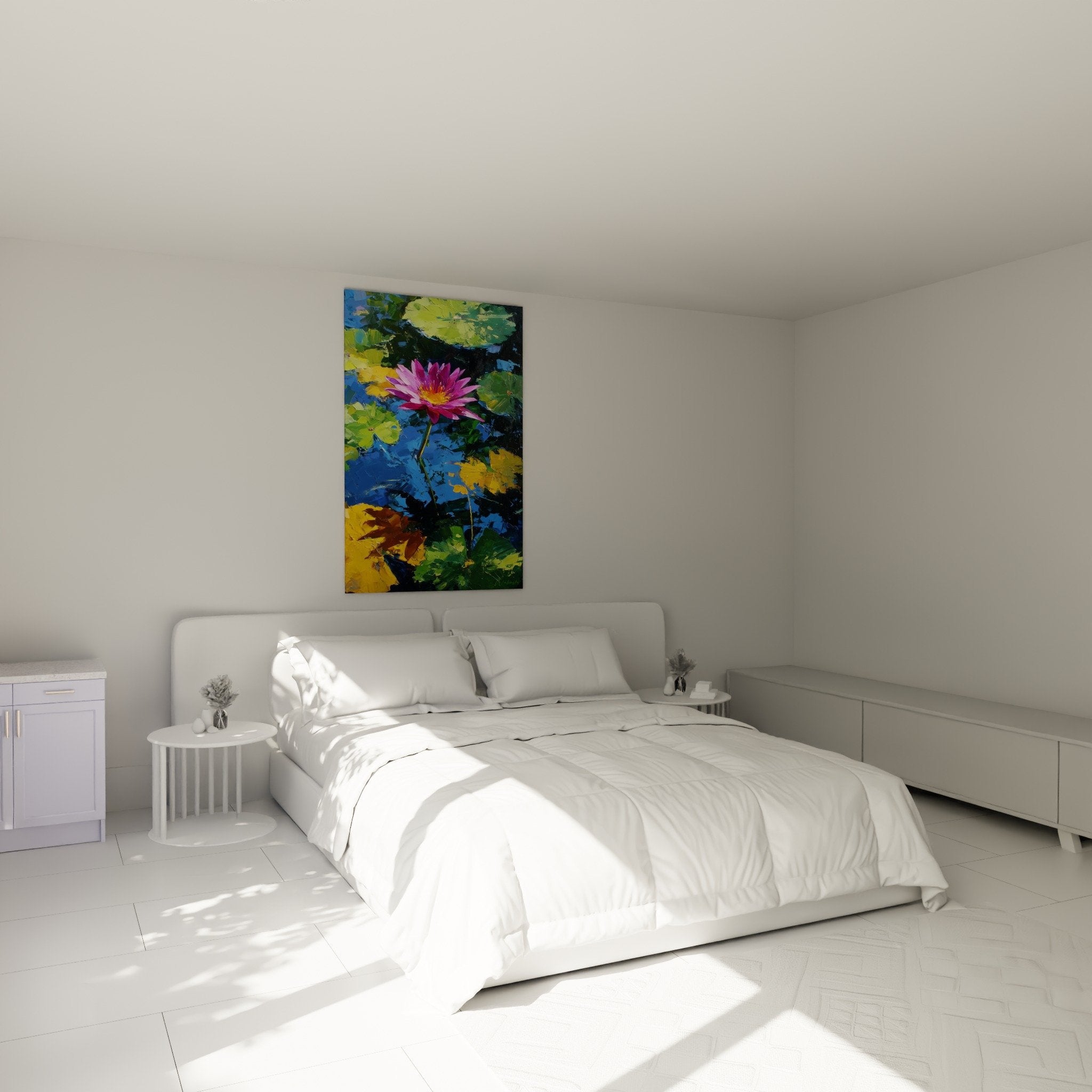 Gemälde rosa Lotusblüte in modernem Schlafzimmer mit zen Dekoration in Blau- und Naturtönen