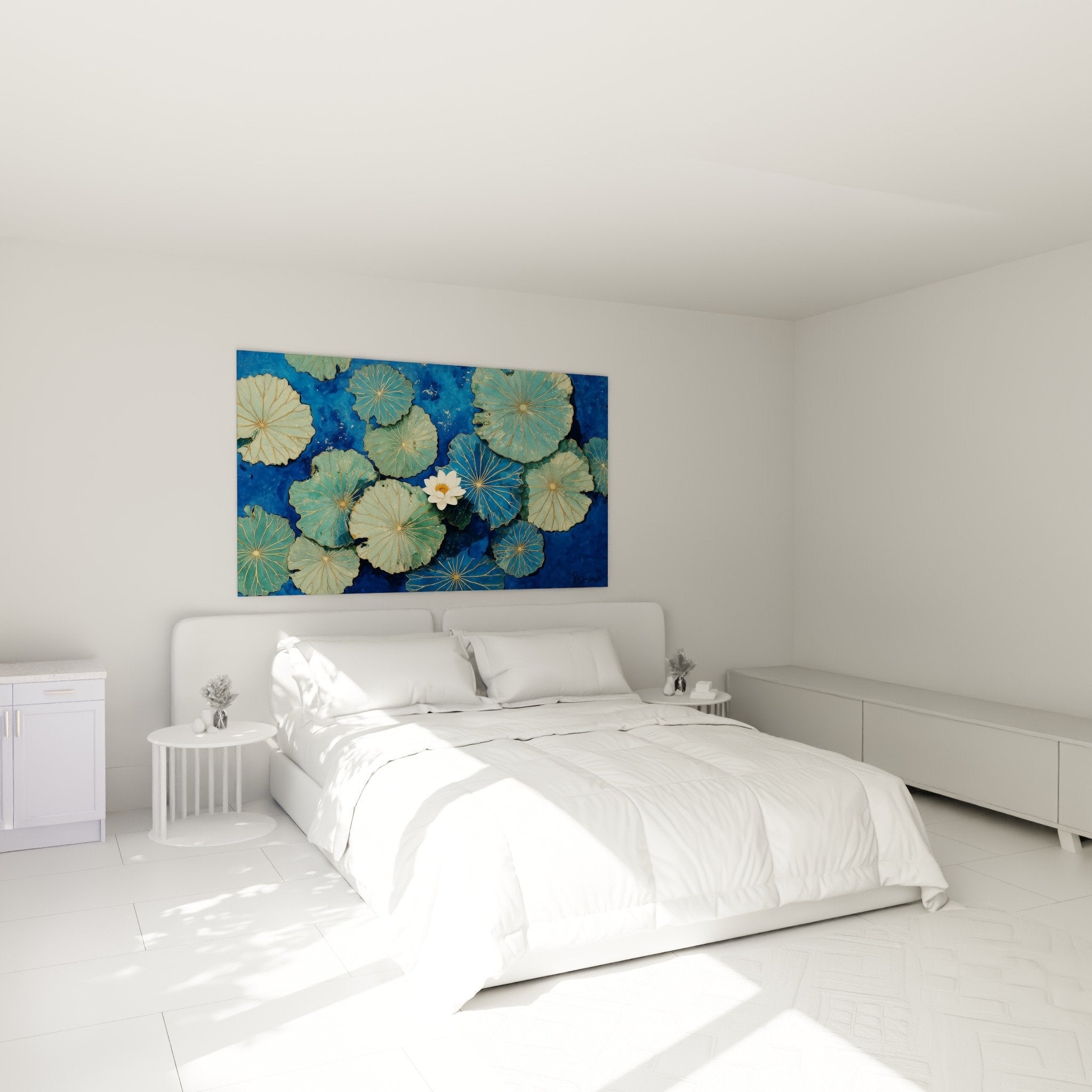 Tableau lotus zen dans chambre moderne avec décoration apaisante tons bleus verts