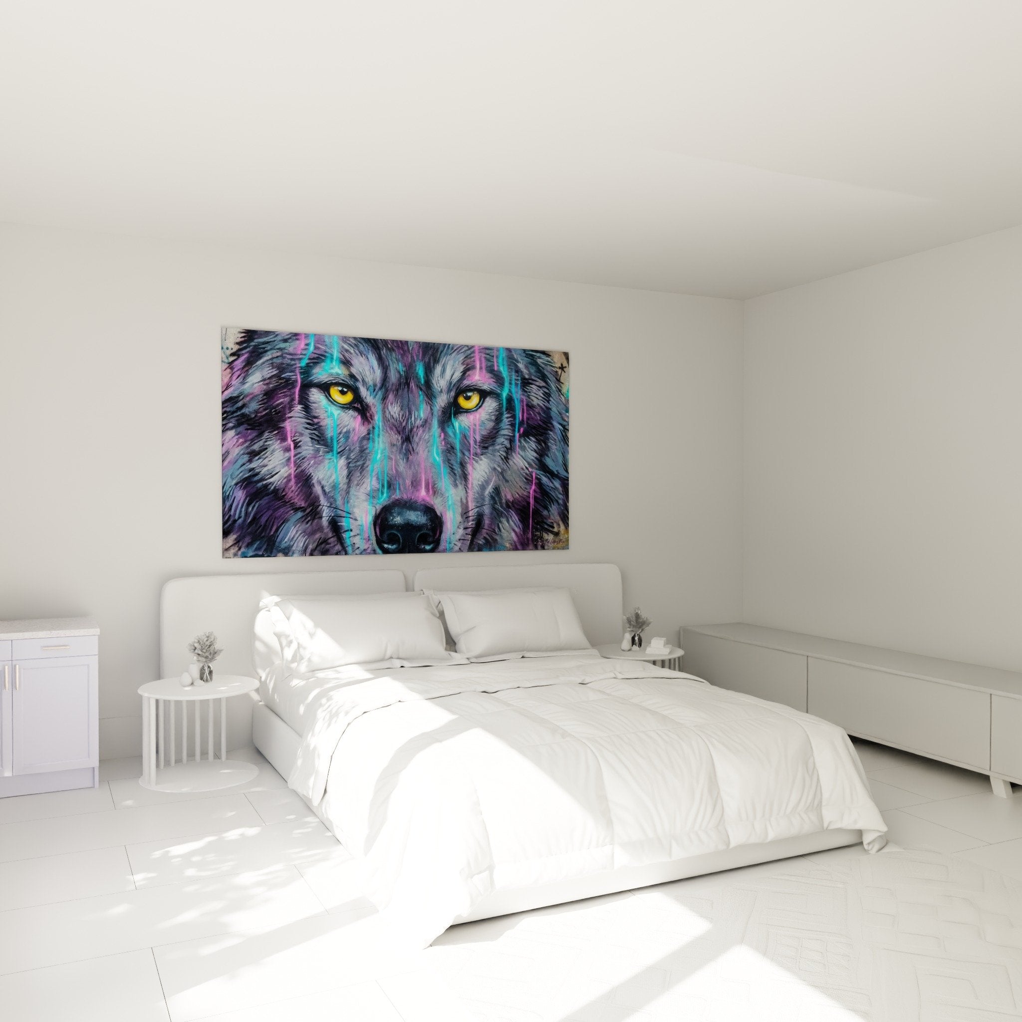 Neon-Wolfbild violett türkis an moderner Schlafzimmerwand aufgehängt zeitgenössische Street-Art-Dekoration urbane Atmosphäre
