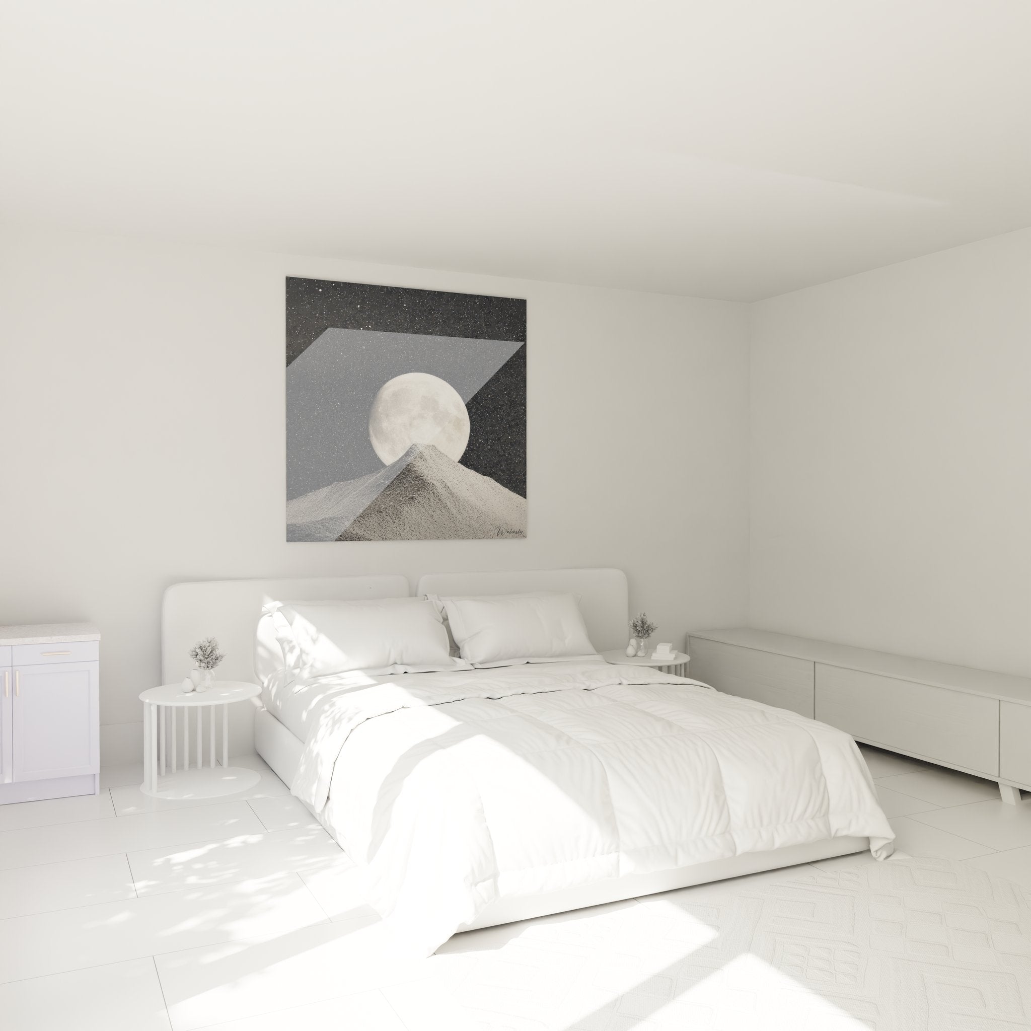 Décoration murale lune montagne dans chambre moderne - Ambiance nocturne apaisante