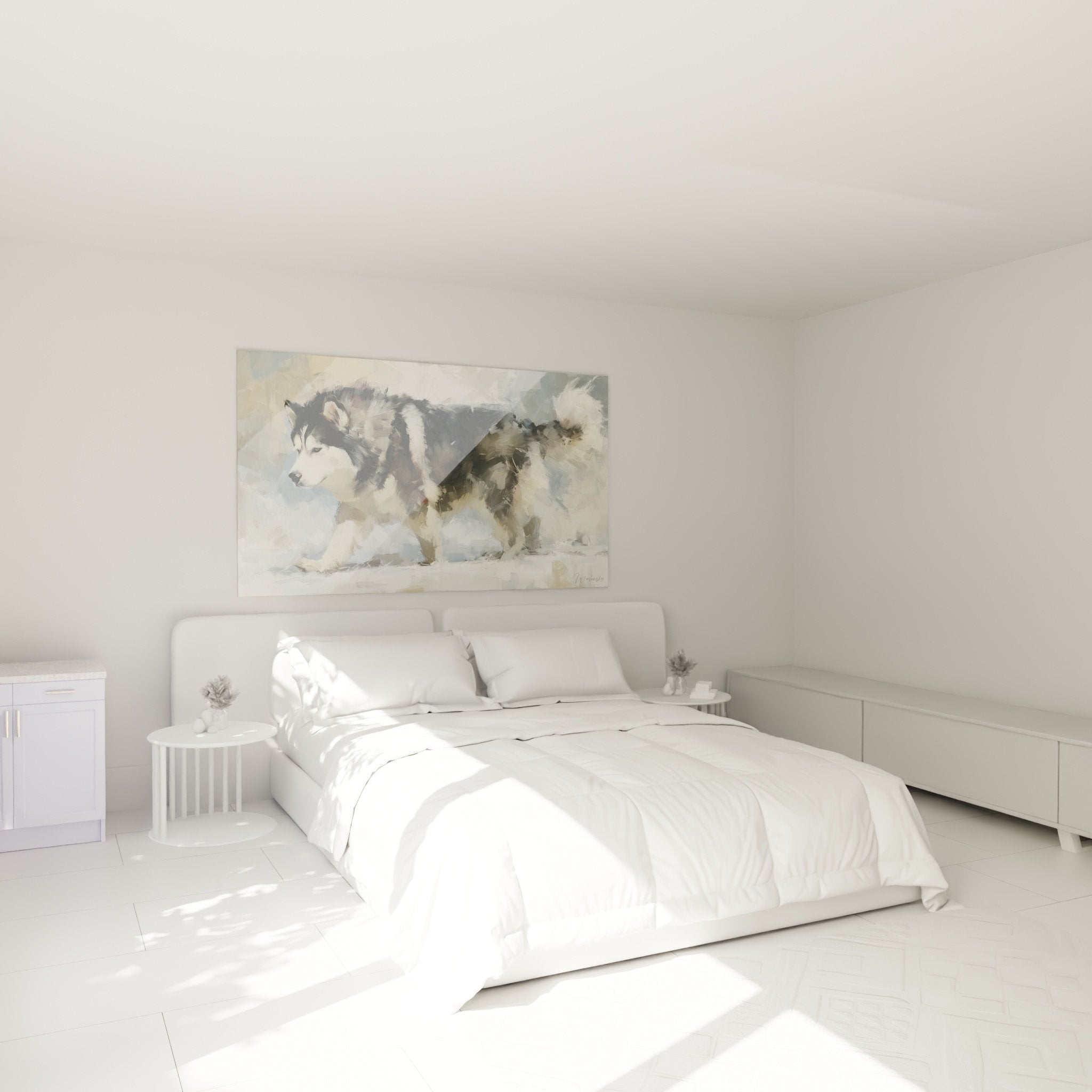 Tableau Malamute Alaska dans neige décorant une chambre aux murs clairs