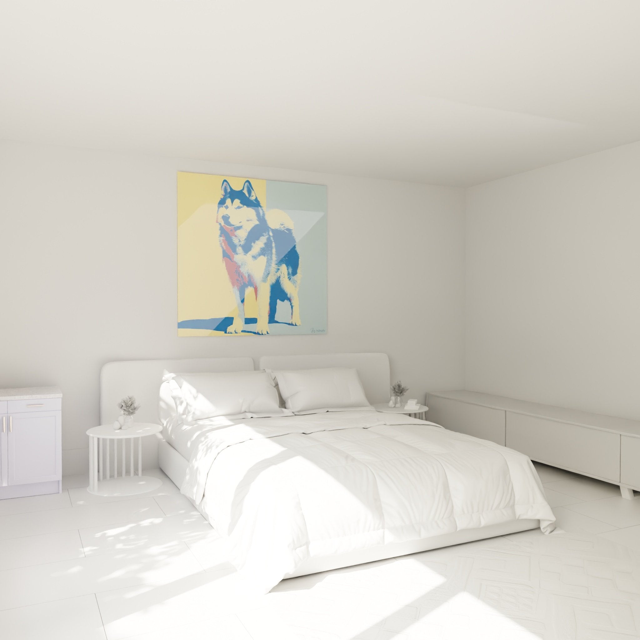 Schlafzimmerdekoration mit Malamute Alaska Pop-Art Gemälde in lebendigen Blau- und Gelbtönen