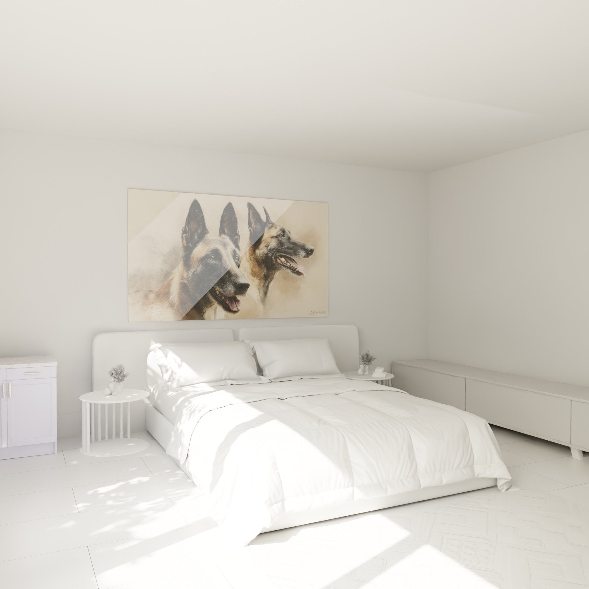 Duo-Gemälde Malinois in modernem Schlafzimmer mit Dekoration in neutralen Tönen