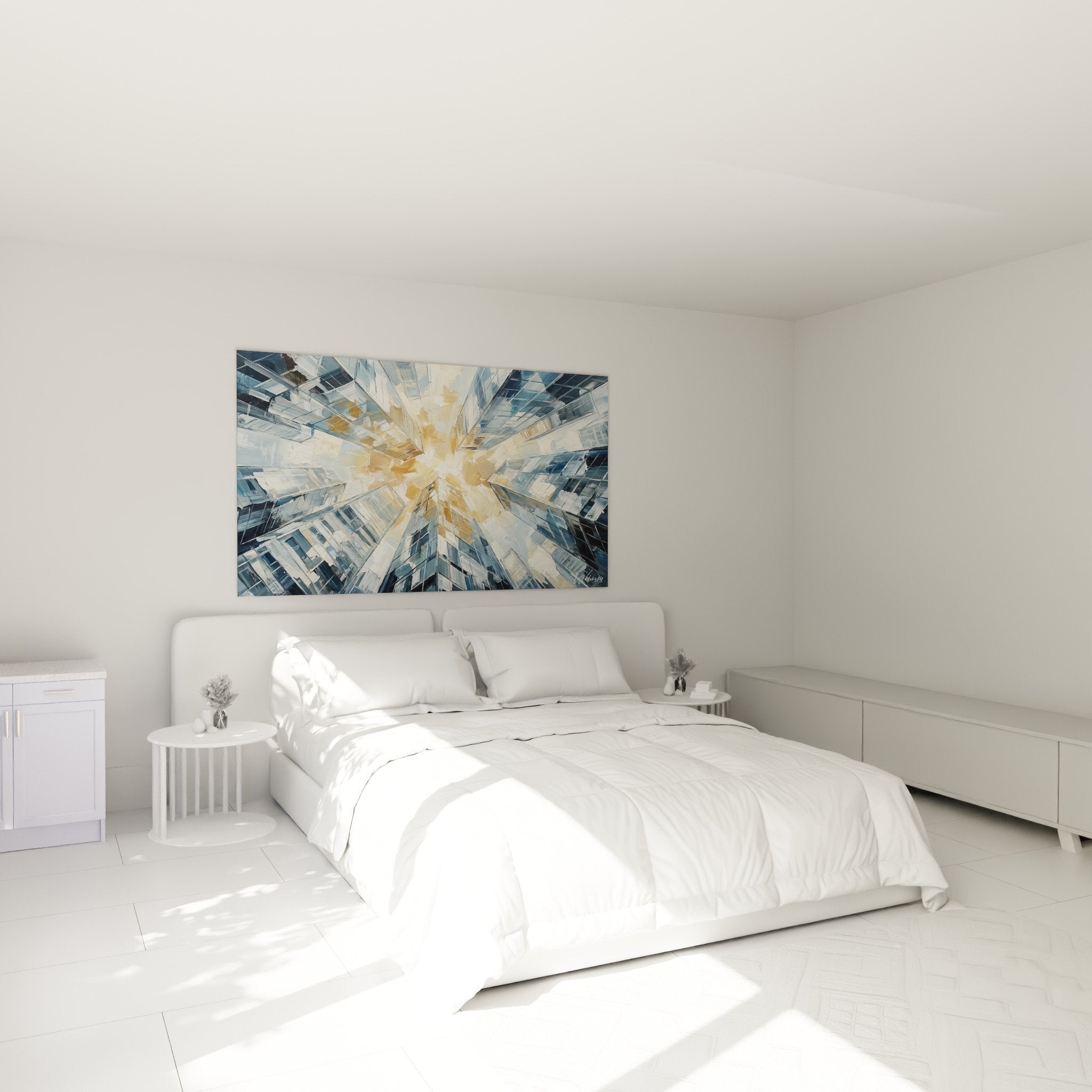 Decoration murale chambre moderne tableau Manhattan perspective urbaine bleu dore ambiance contemporaine