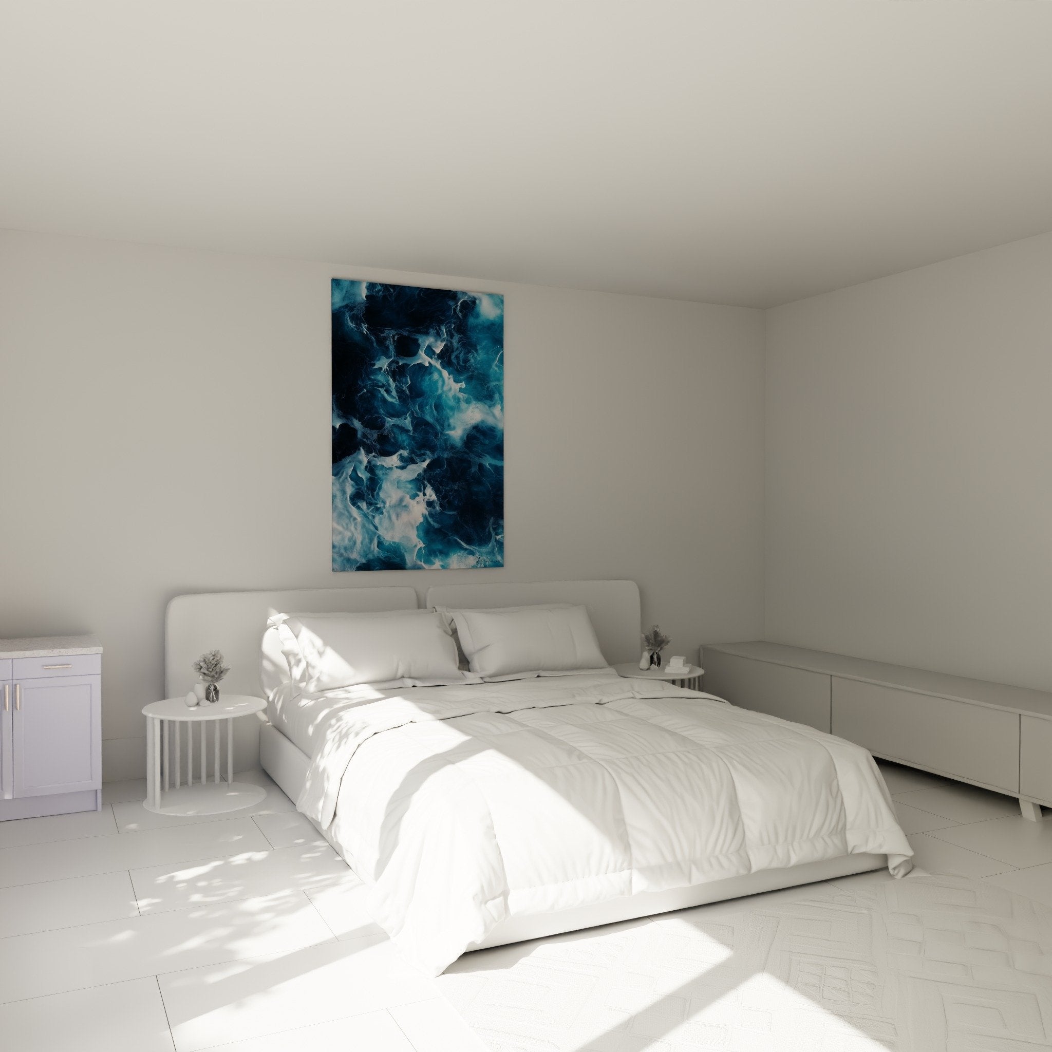 Decoration chambre avec tableau marbre abstrait bleu accroche au mur au-dessus du lit pour ambiance apaisante