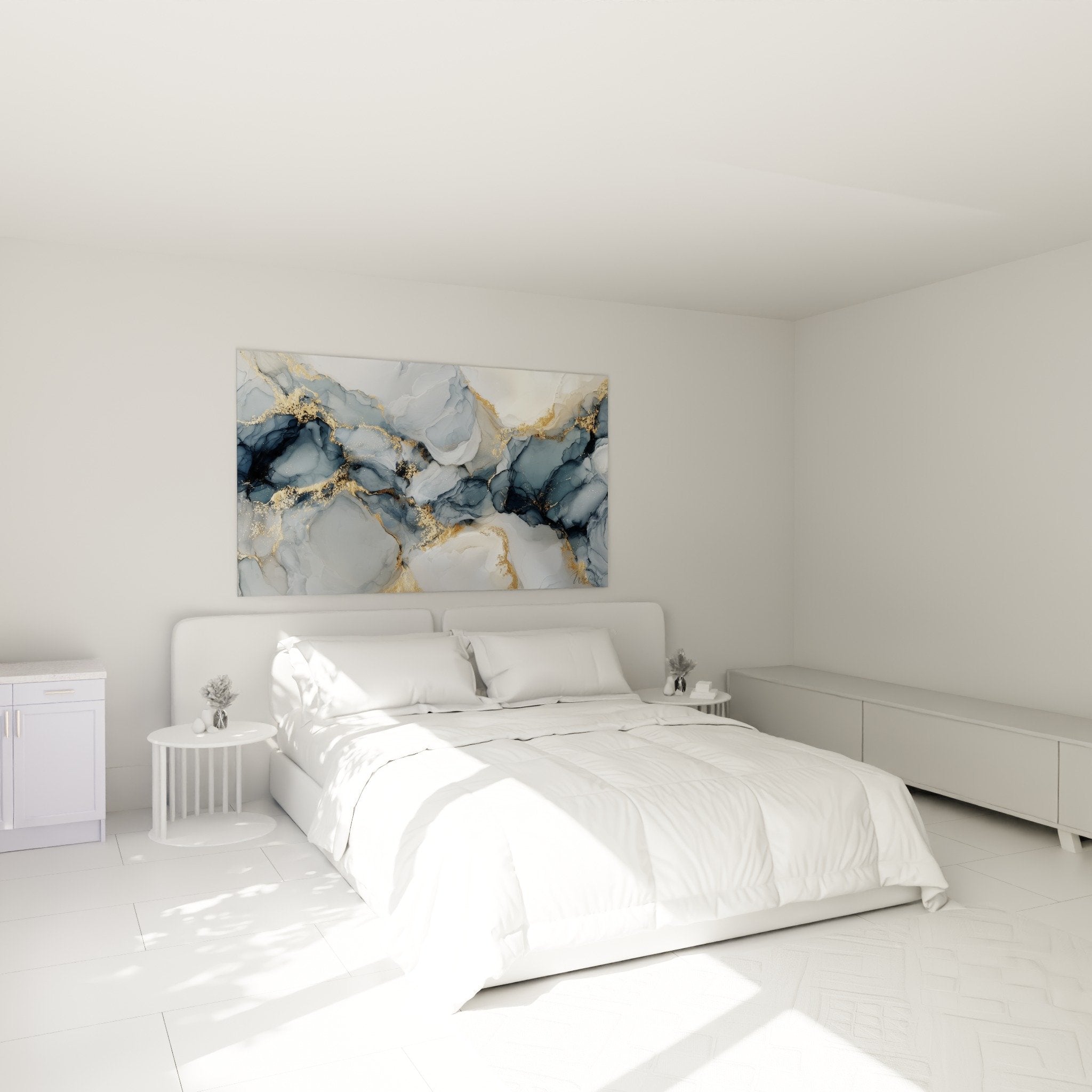 Bedroom decoration with abstract blue and gold marble wall art above the bed