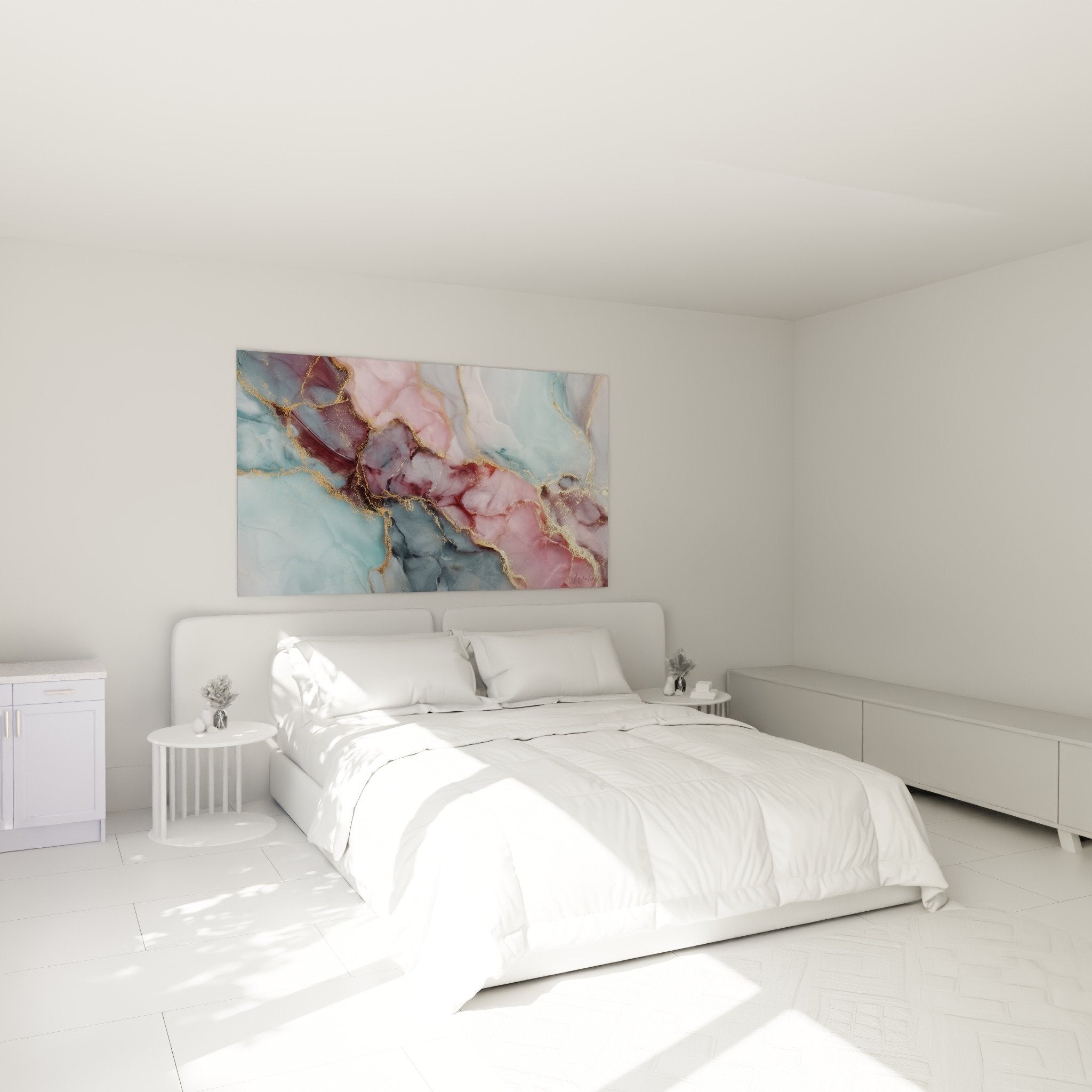 Décoration chambre avec tableau marbre abstrait bleu rose or au-dessus du lit, ambiance apaisante