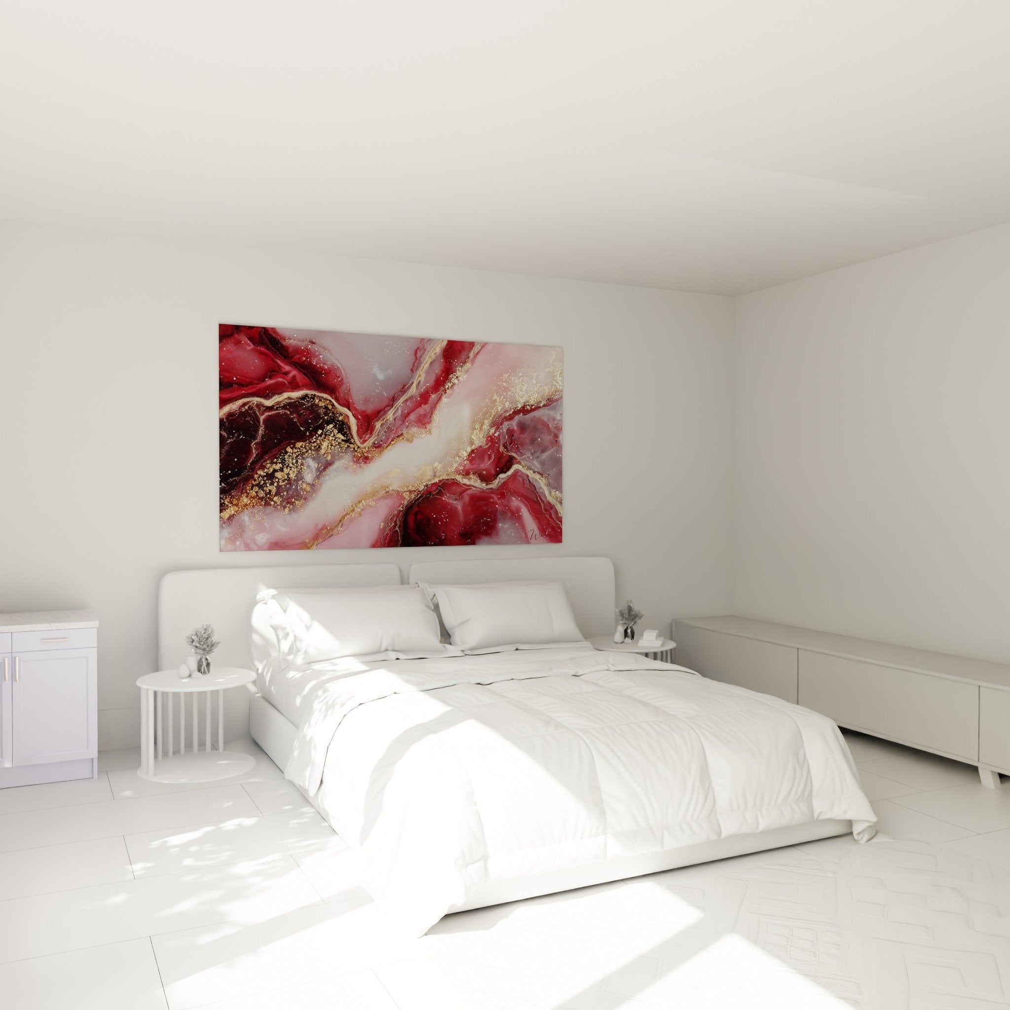 Décoration chambre avec tableau marbre abstrait bordeaux et or au-dessus du lit dans intérieur moderne