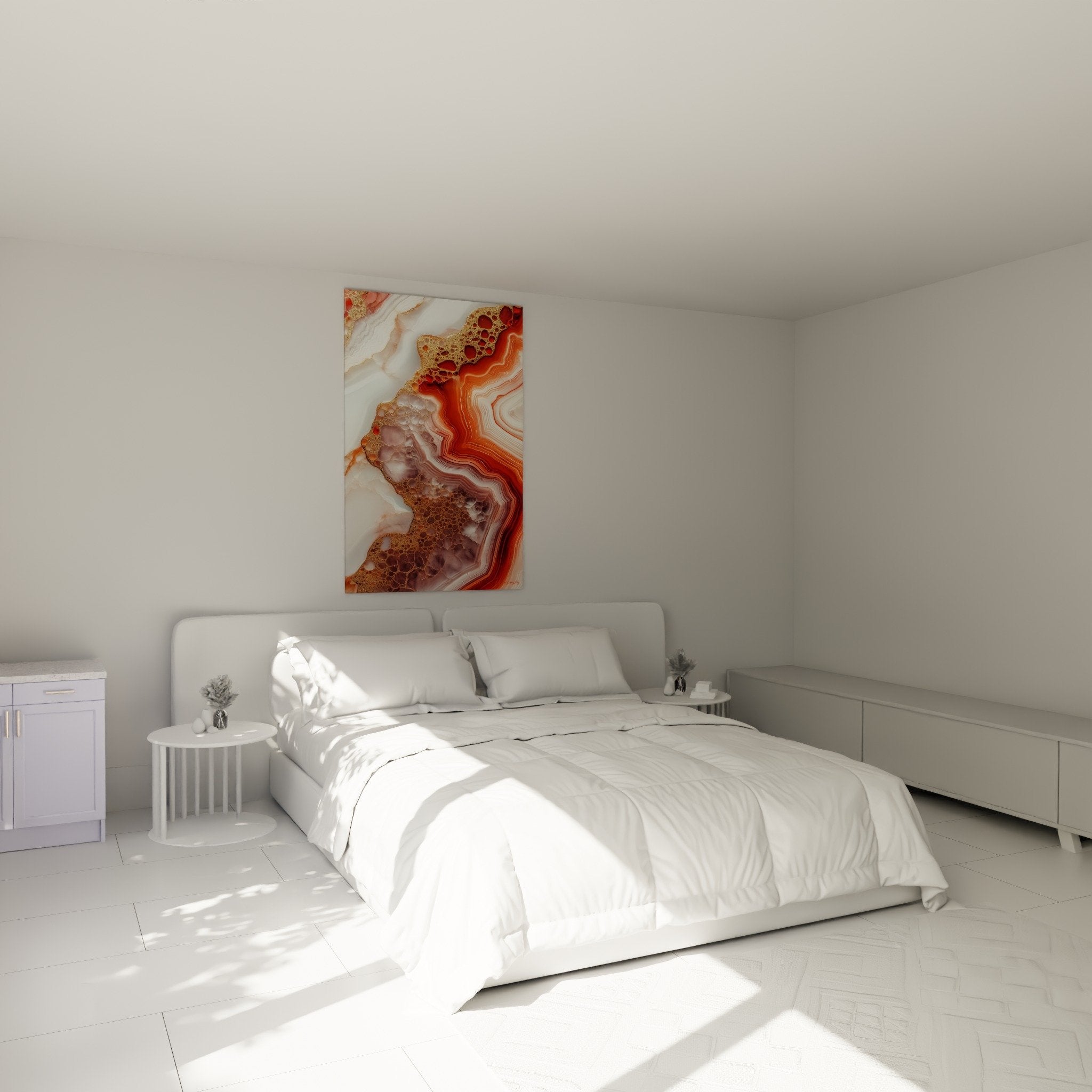 Tableau marbre abstrait doré orange dans chambre moderne avec murs clairs et mobilier contemporain en bois