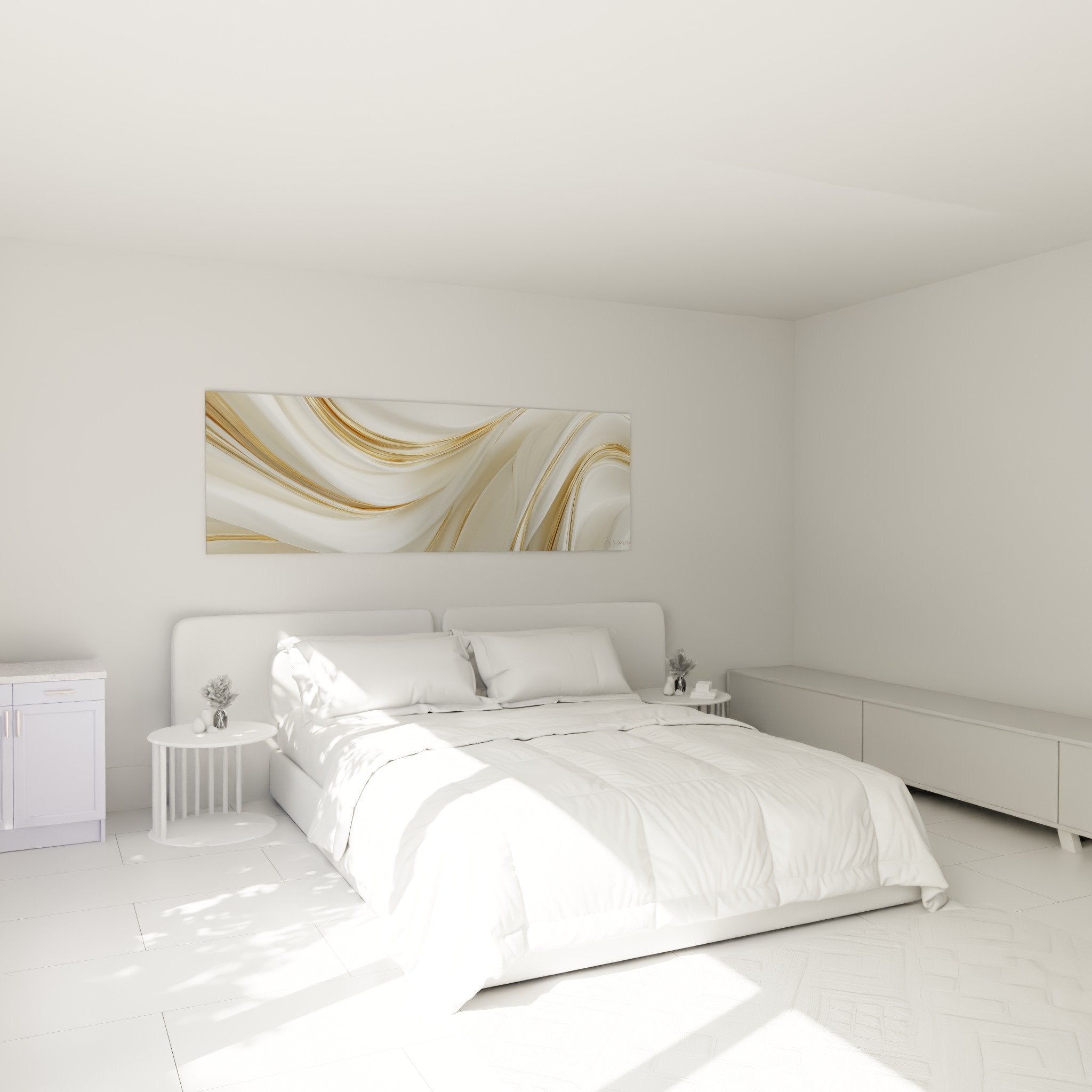 Decoration chambre avec tableau marbre abstrait doré au-dessus du lit, ambiance cocooning et elegante